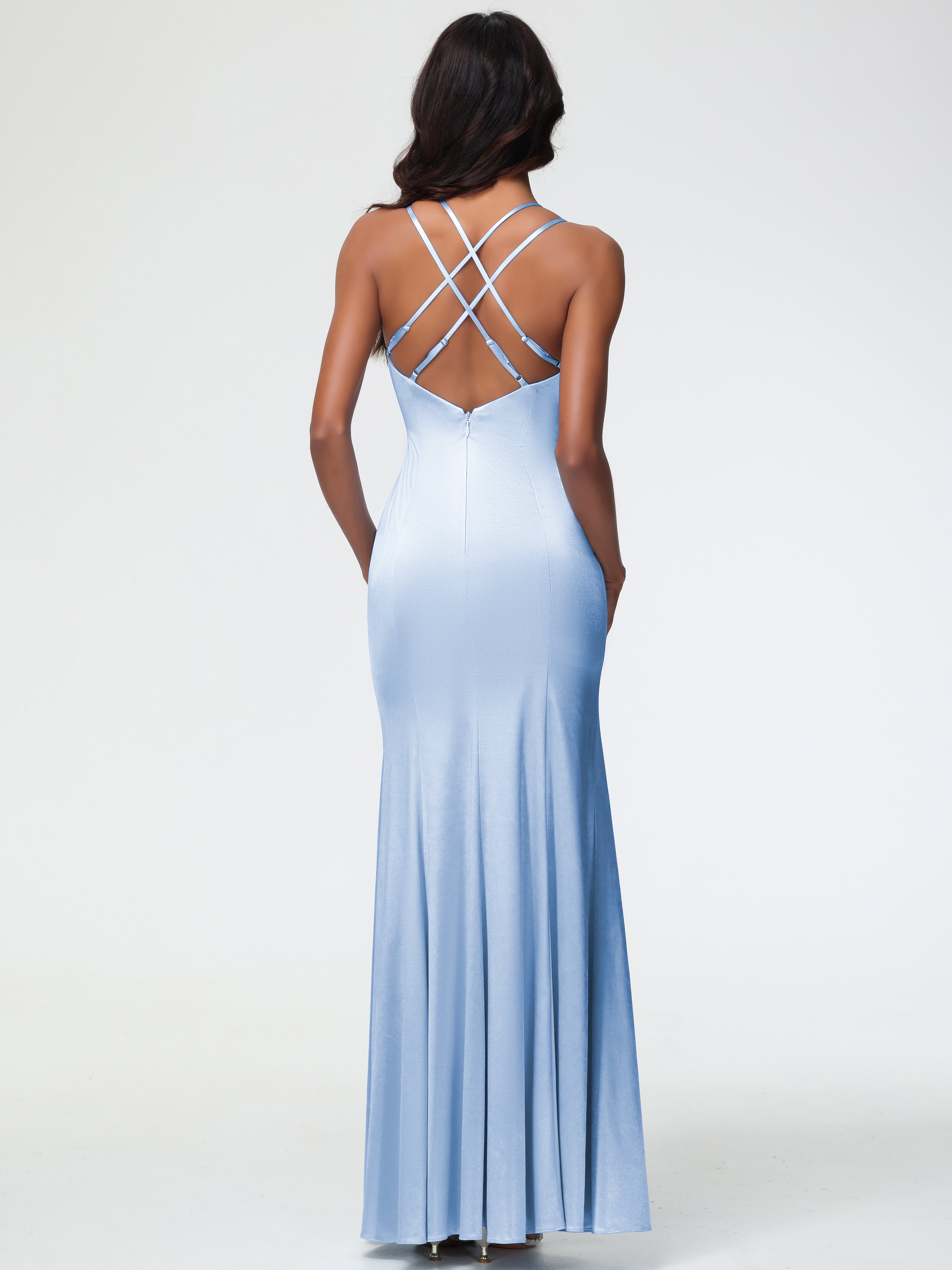 Robe De Demoiselle D Honneur Bleu Ciel Col Bénitier Fendue Fourreau/Colonne Satin Extensible Robe De Demoiselle D'Honneur