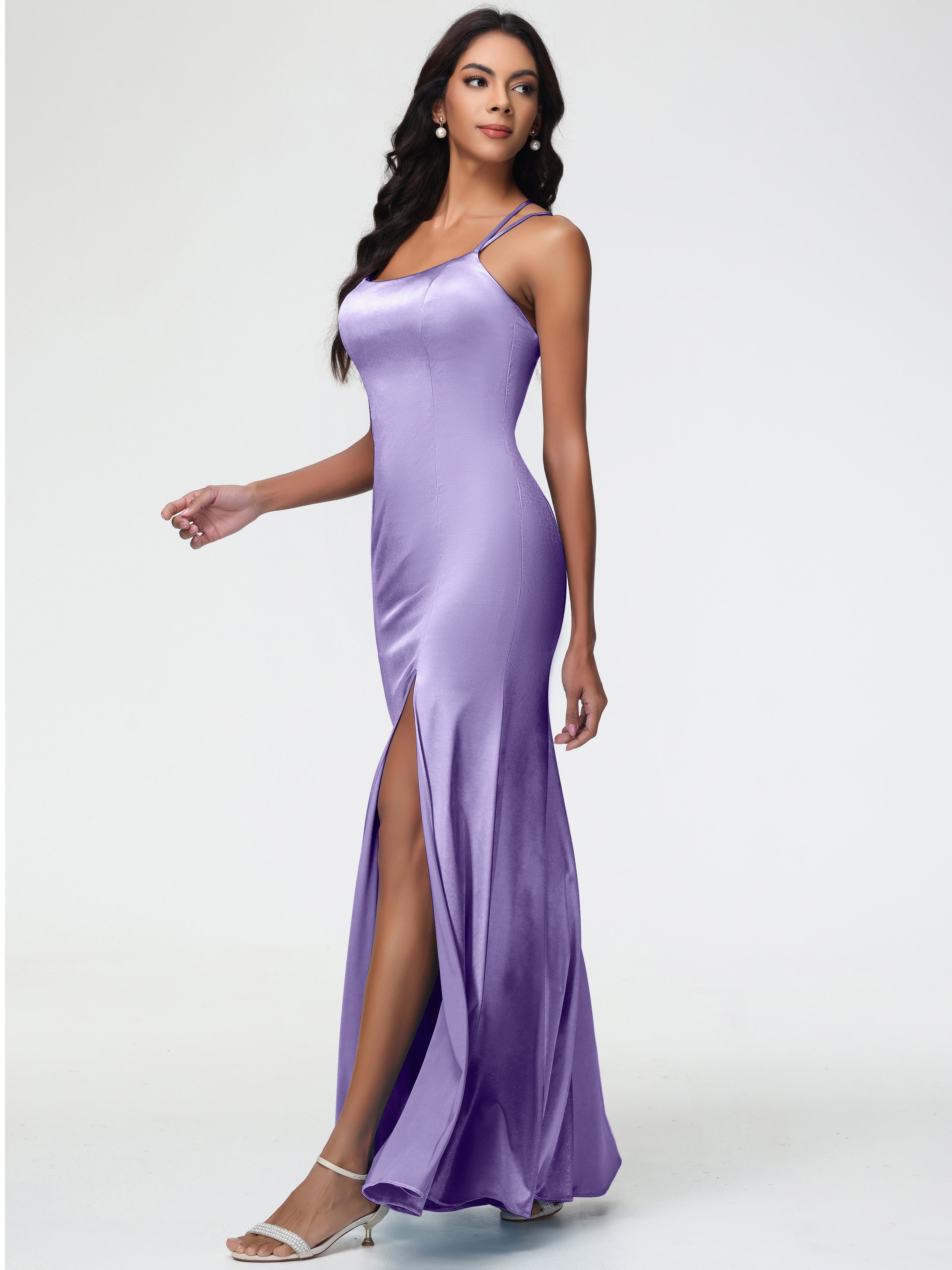 Robes De Demoiselle D'Honneur Tahiti Col Bénitier Fendue Fourreau/Colonne Satin Extensible Robe De Demoiselle D'Honneur