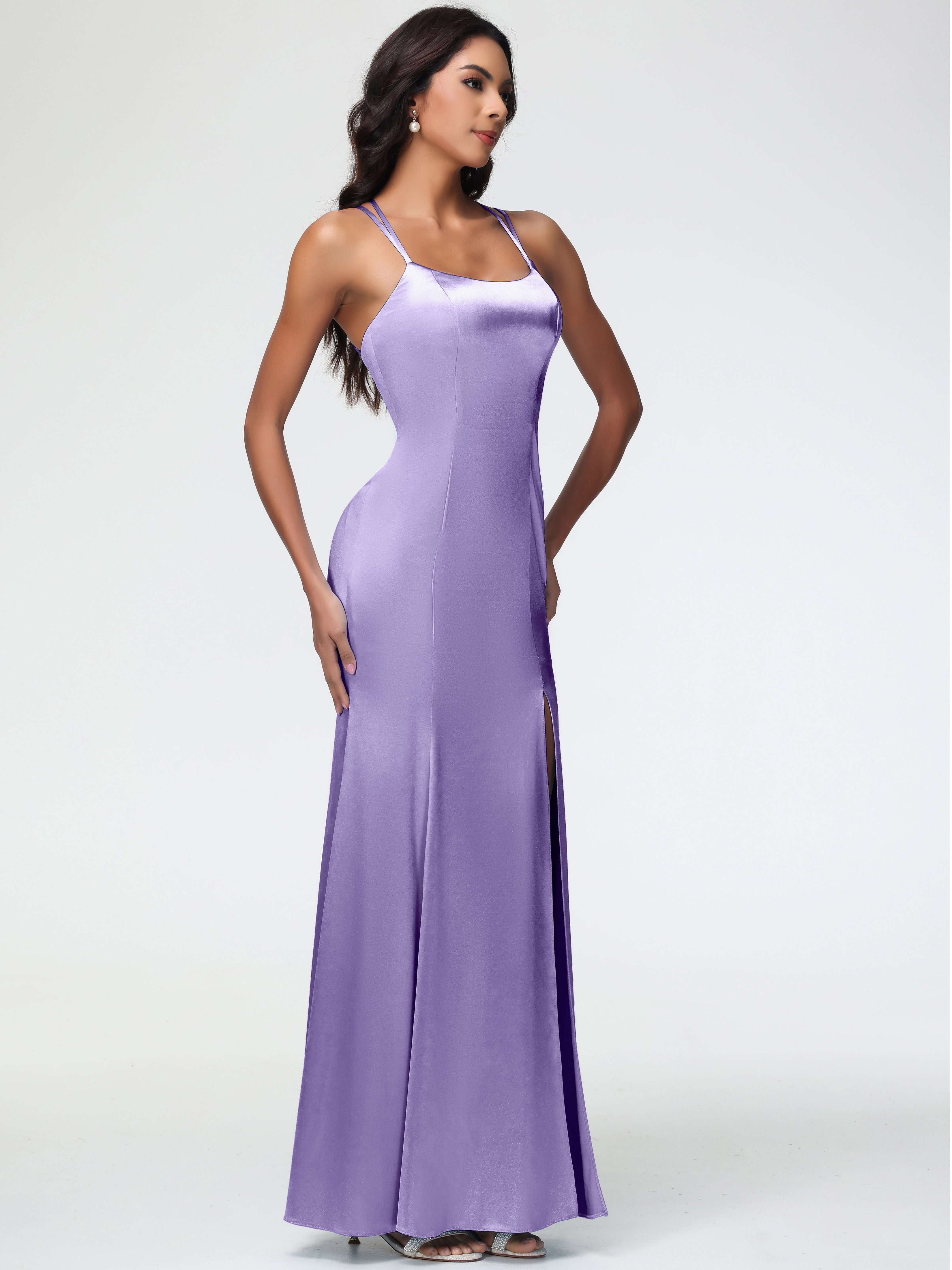 Robes De Demoiselle D'Honneur Tahiti Col Bénitier Fendue Fourreau/Colonne Satin Extensible Robe De Demoiselle D'Honneur