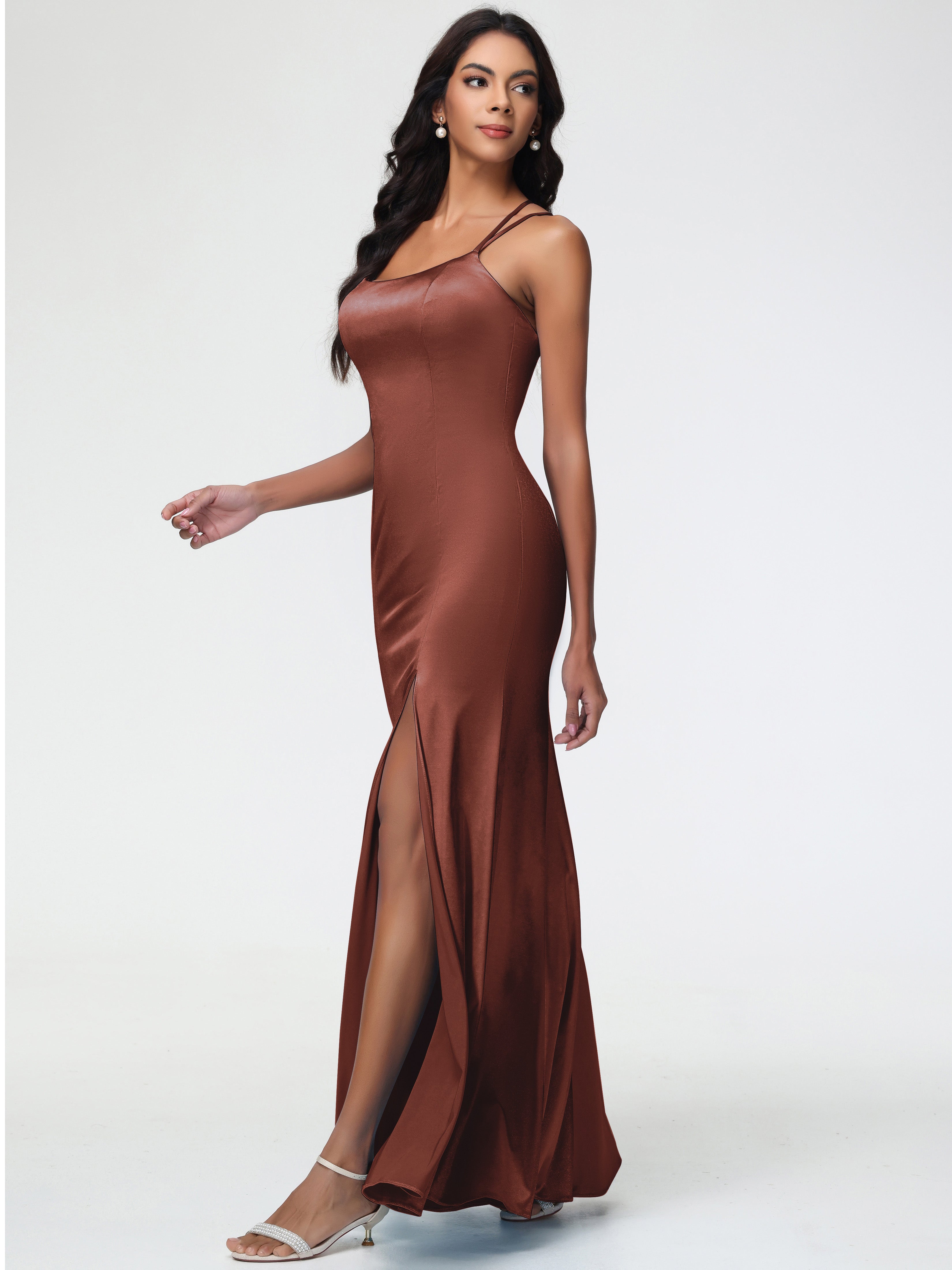 Robes Demoiselle D Honneur Terracotta Col Bénitier Fendue Fourreau/Colonne Satin Extensible Robe De Demoiselle D'Honneur