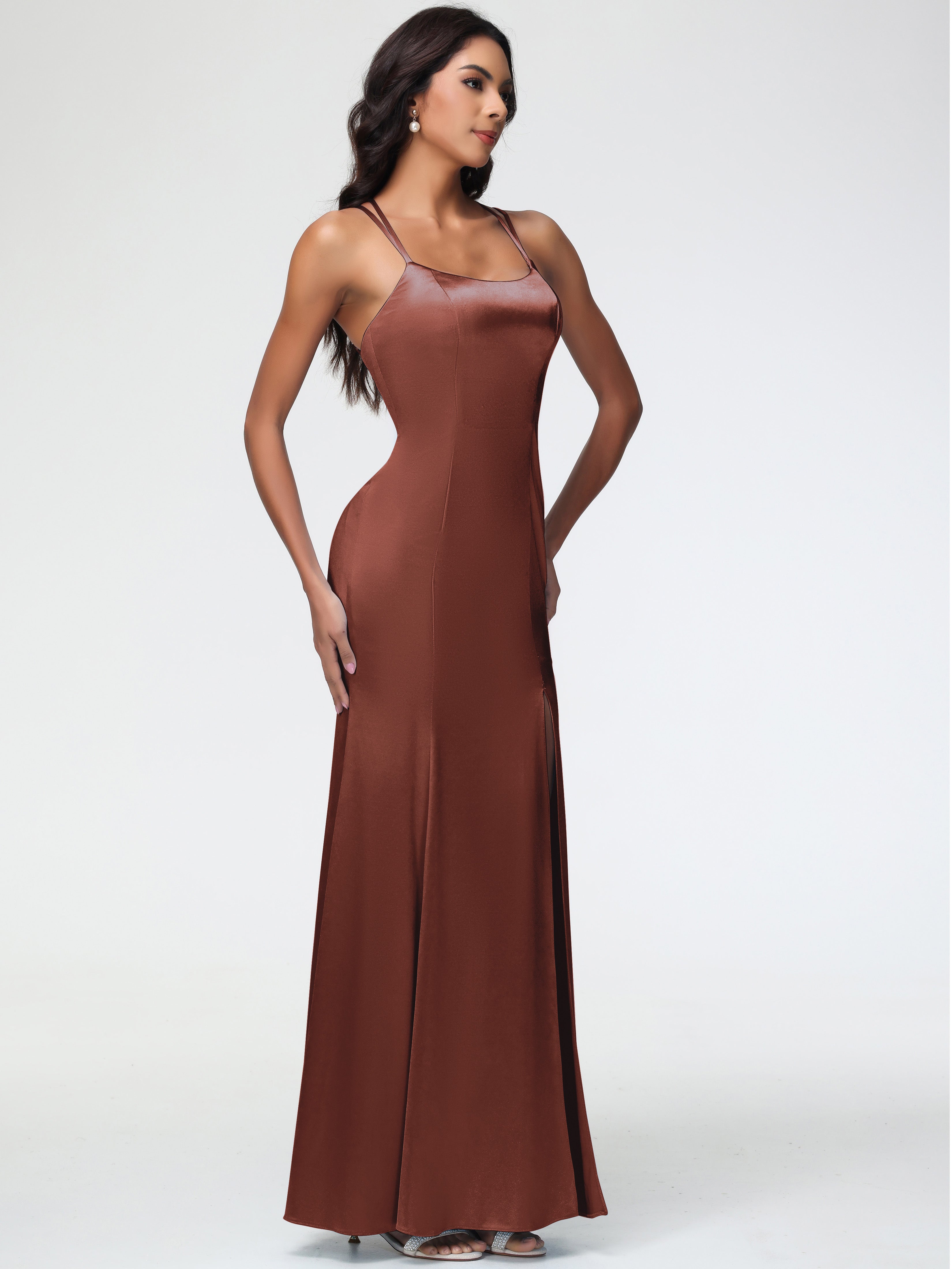 Robes Demoiselle D Honneur Terracotta Col Bénitier Fendue Fourreau/Colonne Satin Extensible Robe De Demoiselle D'Honneur