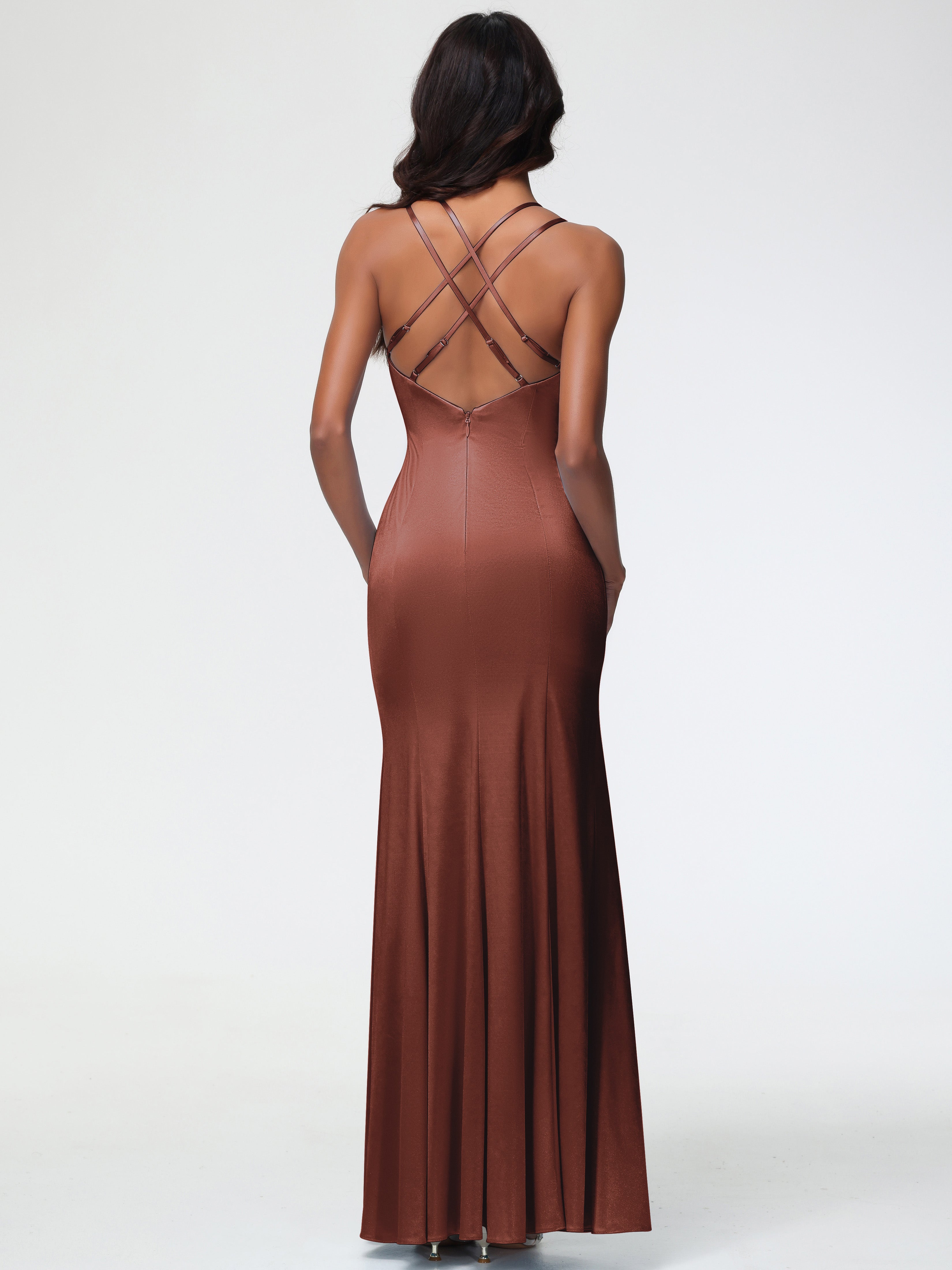 Robes Demoiselle D Honneur Terracotta Col Bénitier Fendue Fourreau/Colonne Satin Extensible Robe De Demoiselle D'Honneur