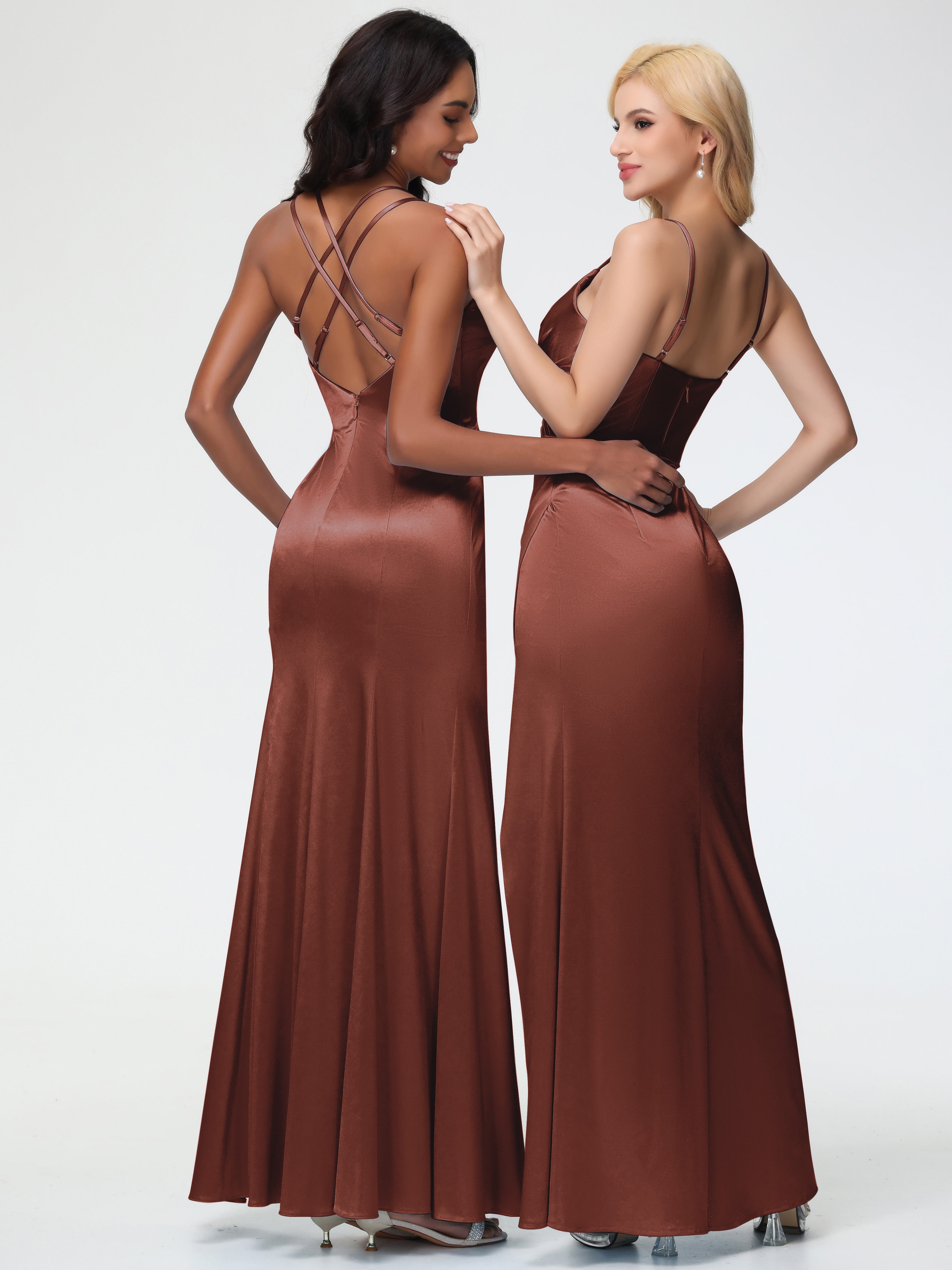 Robes Demoiselle D Honneur Terracotta Col Bénitier Fendue Fourreau/Colonne Satin Extensible Robe De Demoiselle D'Honneur