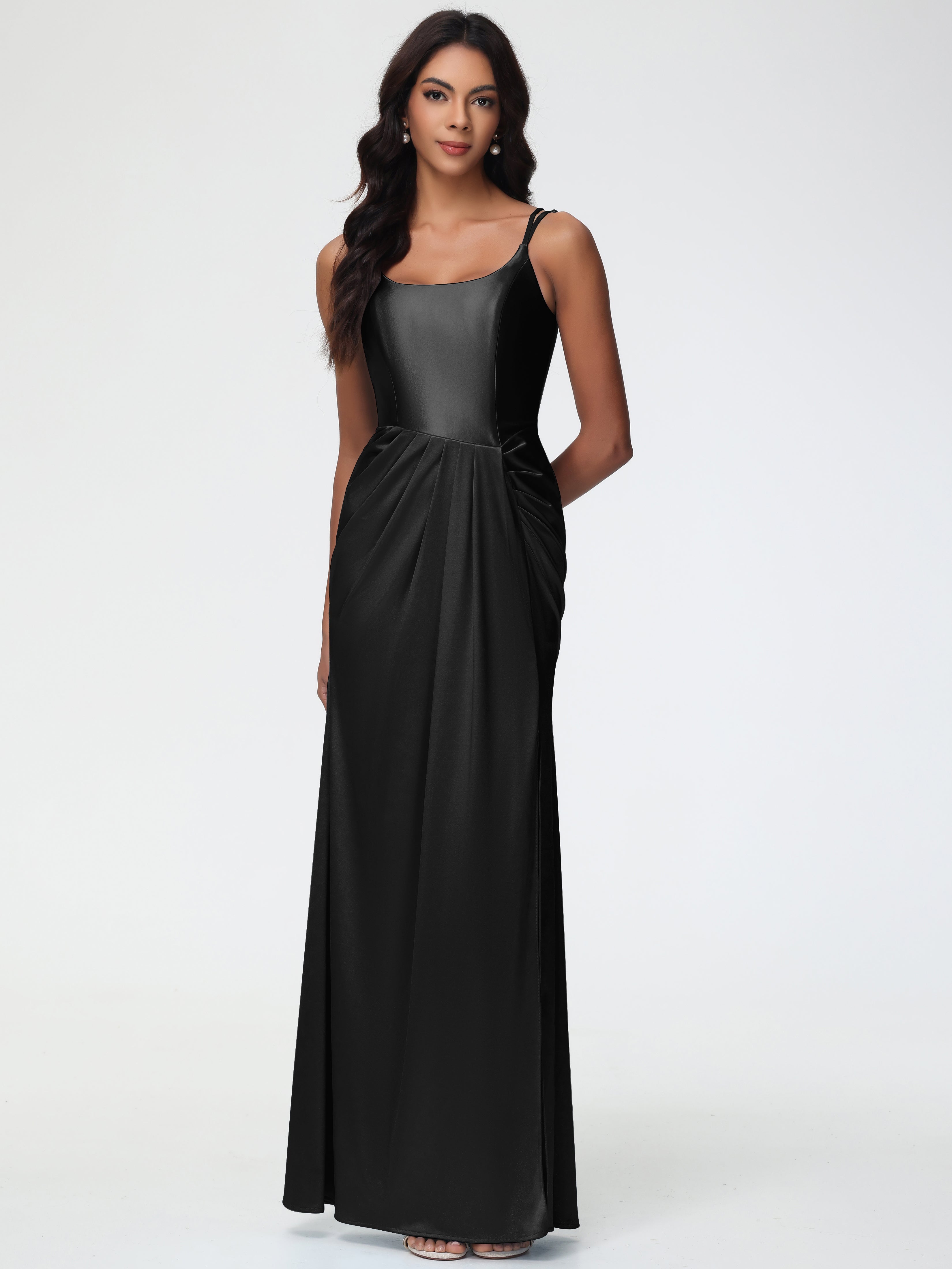 Robe De Demoiselle D Honneur Noire Col Rond Fendue Fourreau/Colonne Satin Extensible Robe De Demoiselle D'Honneur