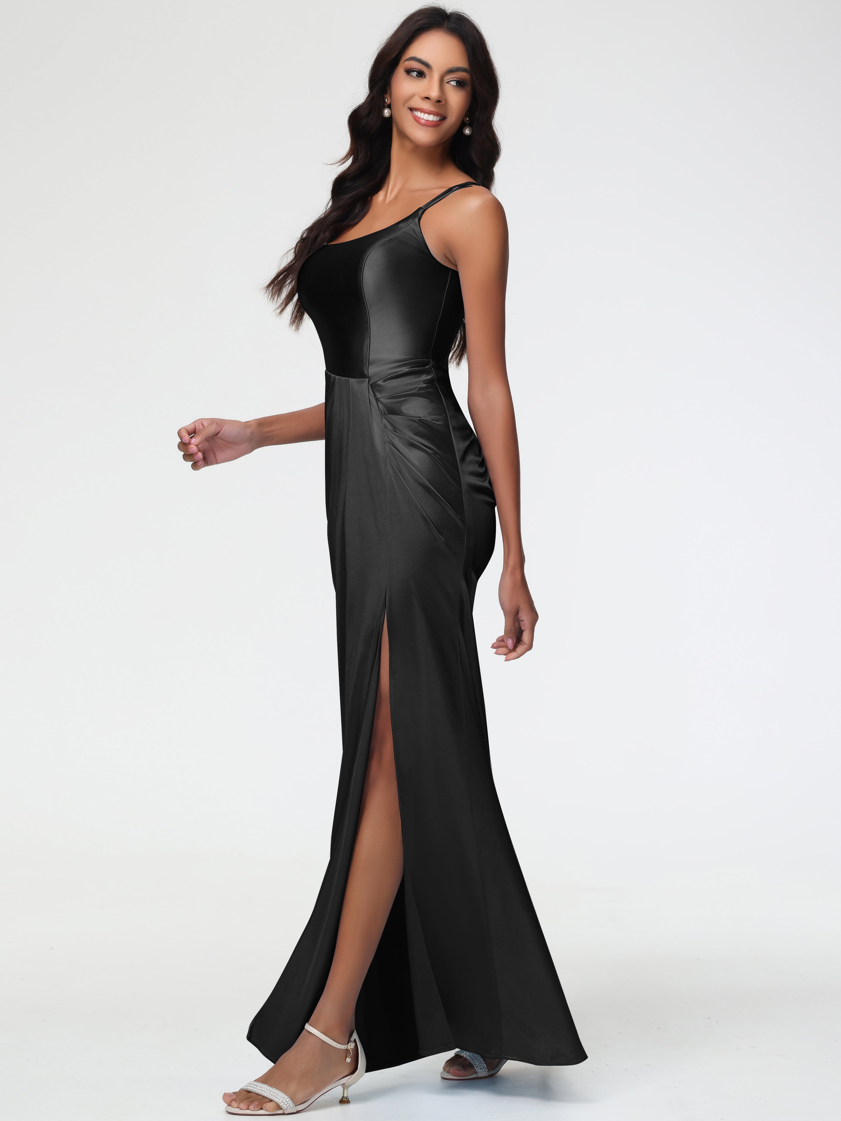 Robe De Demoiselle D Honneur Noire Col Rond Fendue Fourreau/Colonne Satin Extensible Robe De Demoiselle D'Honneur