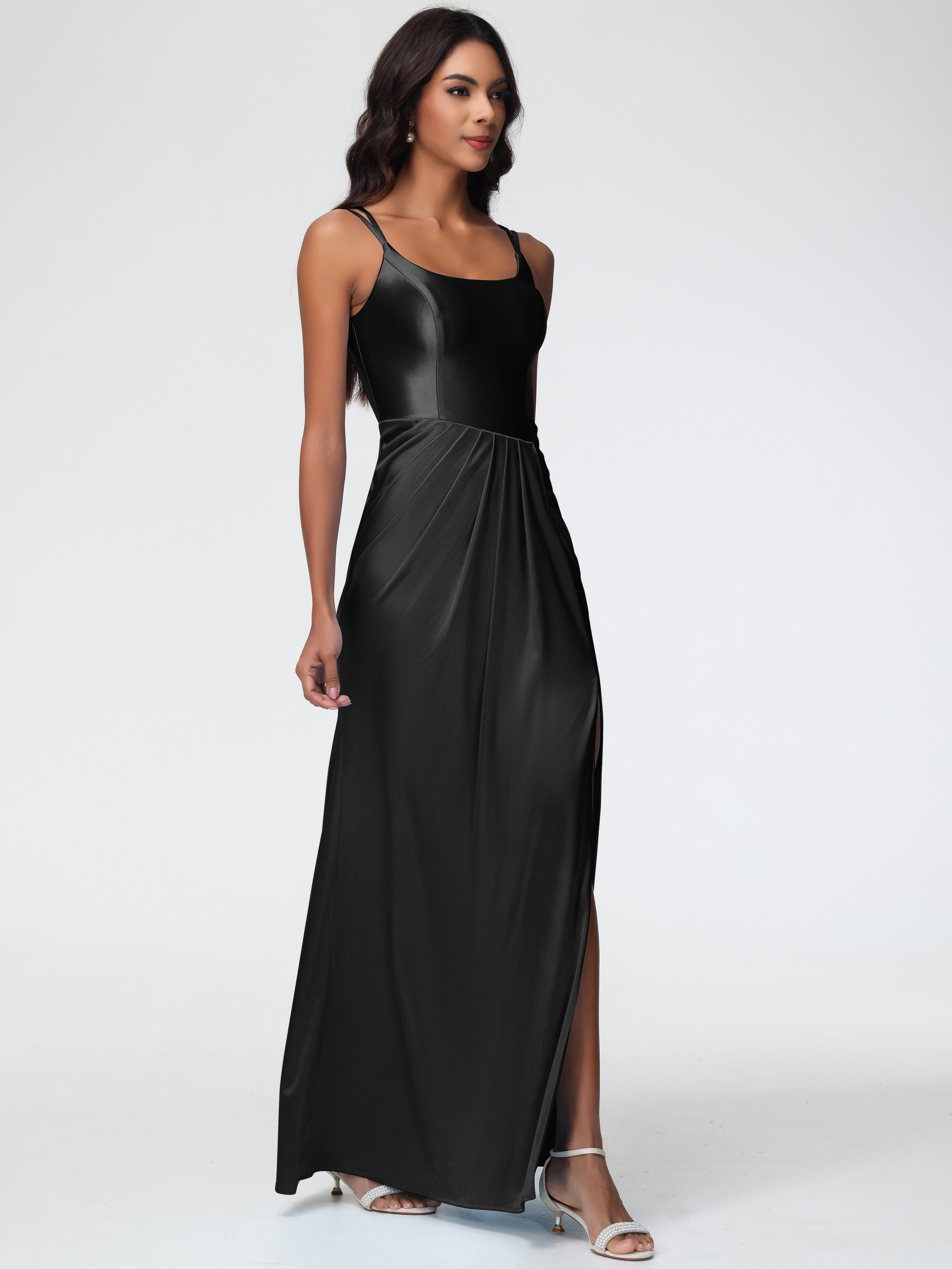 Robe De Demoiselle D Honneur Noire Col Rond Fendue Fourreau/Colonne Satin Extensible Robe De Demoiselle D'Honneur