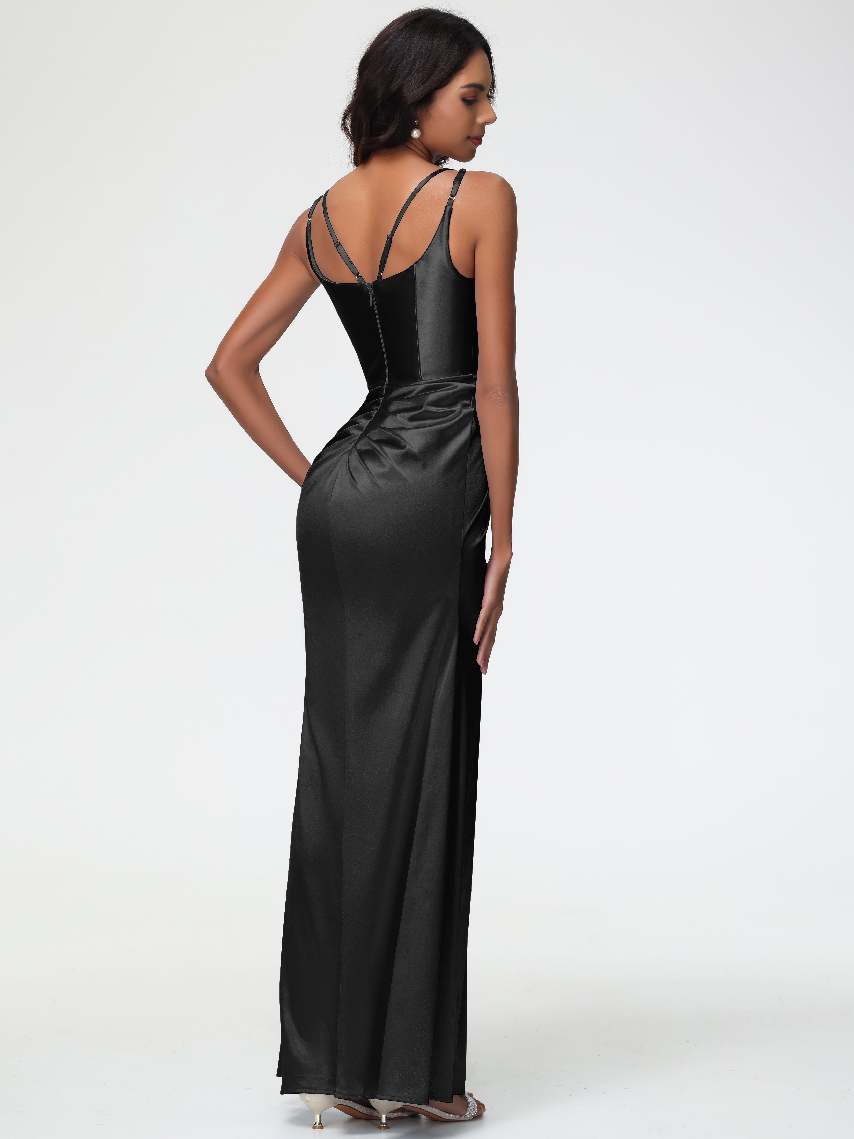 Robe De Demoiselle D Honneur Noire Col Rond Fendue Fourreau/Colonne Satin Extensible Robe De Demoiselle D'Honneur