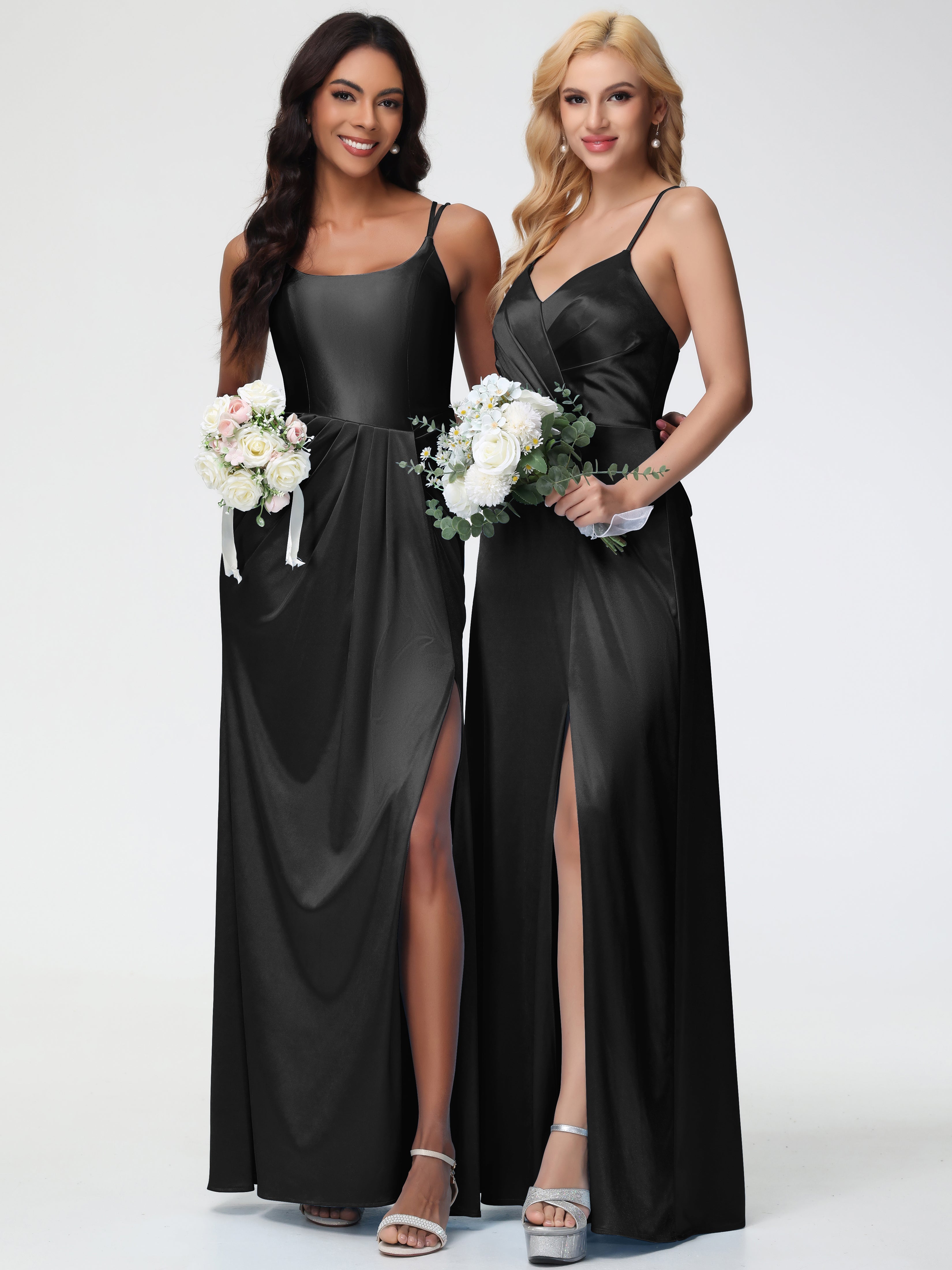 Robe De Demoiselle D Honneur Noire Col Rond Fendue Fourreau/Colonne Satin Extensible Robe De Demoiselle D'Honneur