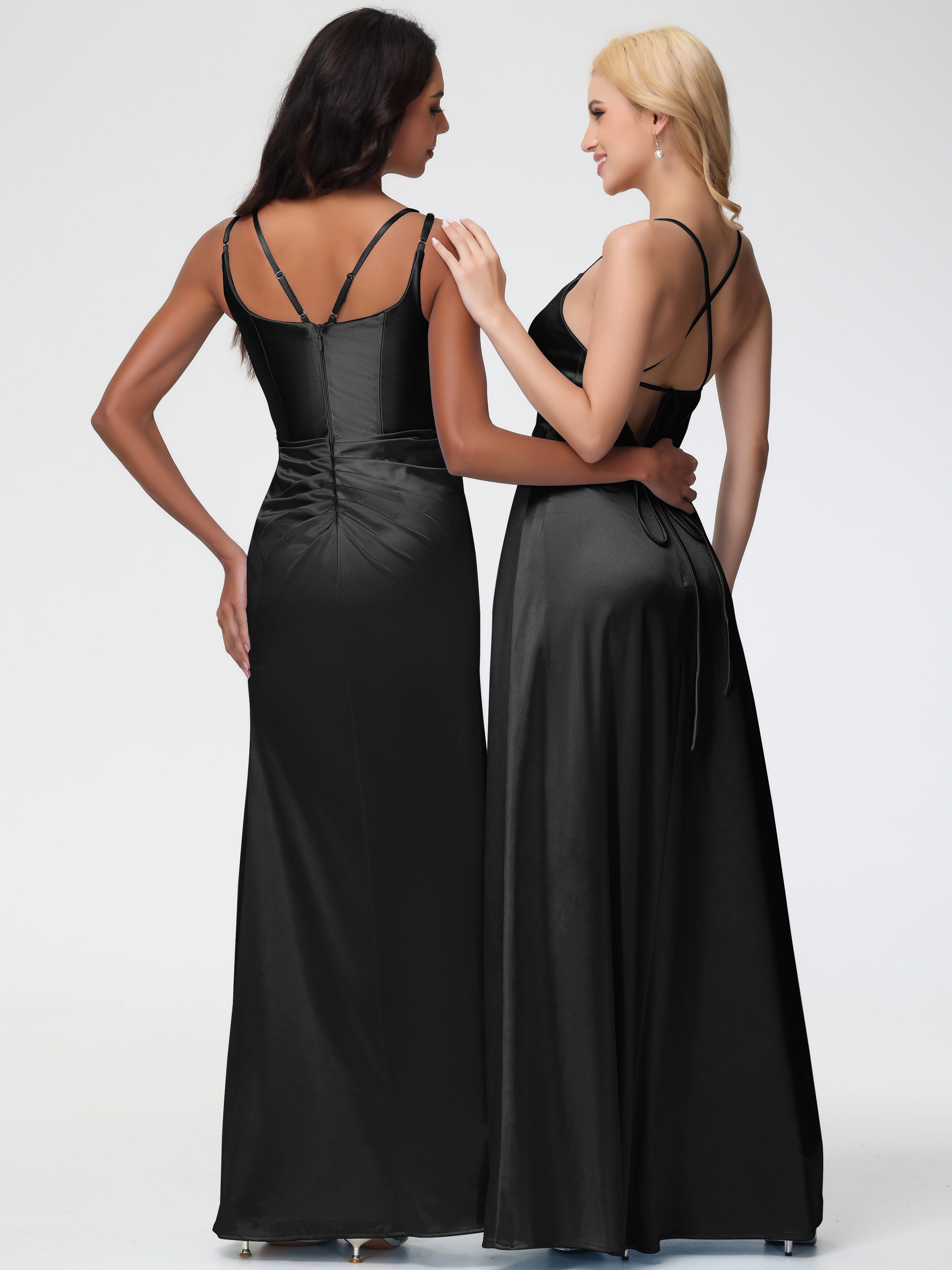 Robe De Demoiselle D Honneur Noire Col Rond Fendue Fourreau/Colonne Satin Extensible Robe De Demoiselle D'Honneur