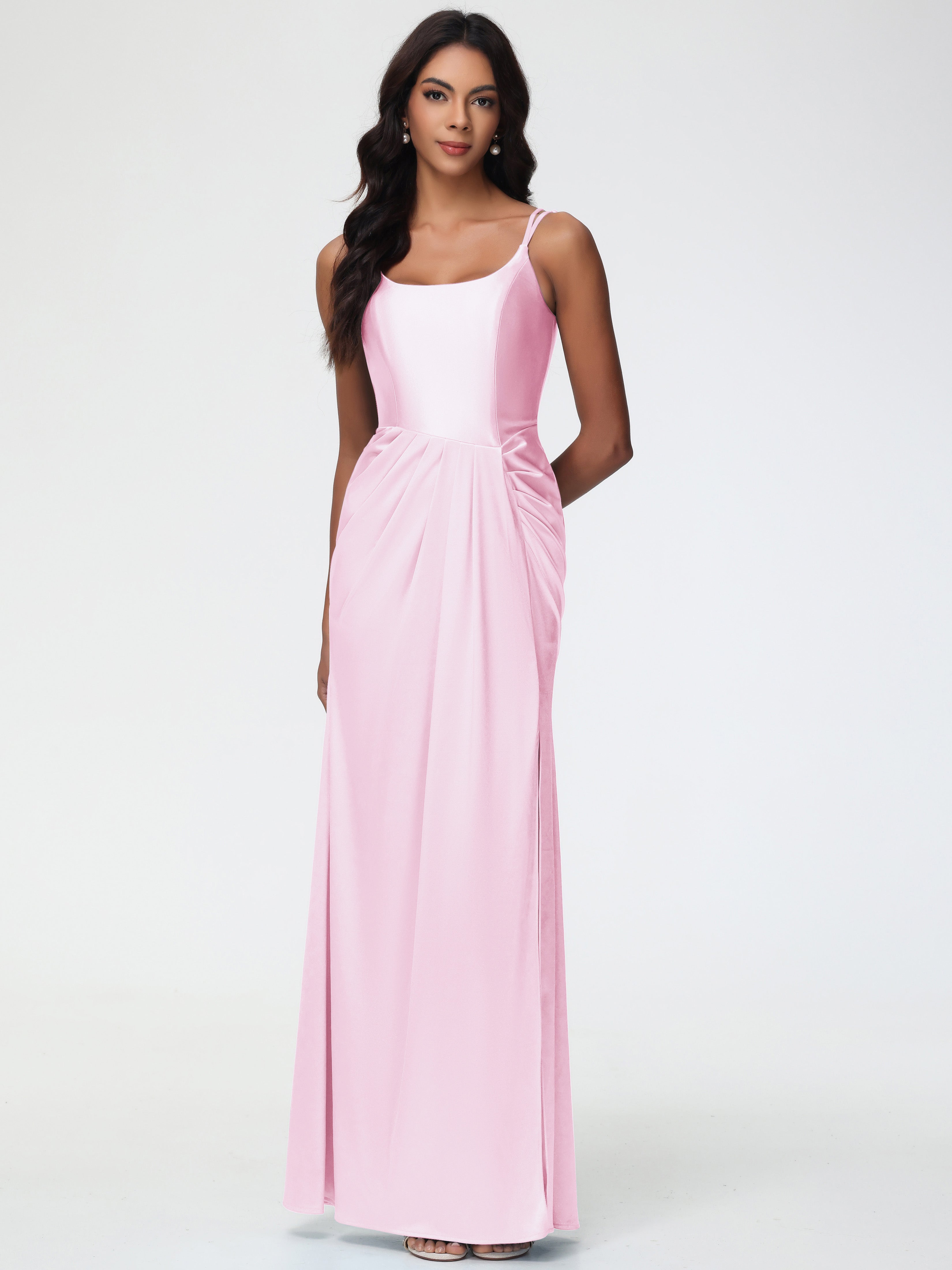 Rose Pale Robe Demoiselle D Honneur Col Rond Fendue Fourreau/Colonne Satin Extensible Robe De Demoiselle D'Honneur