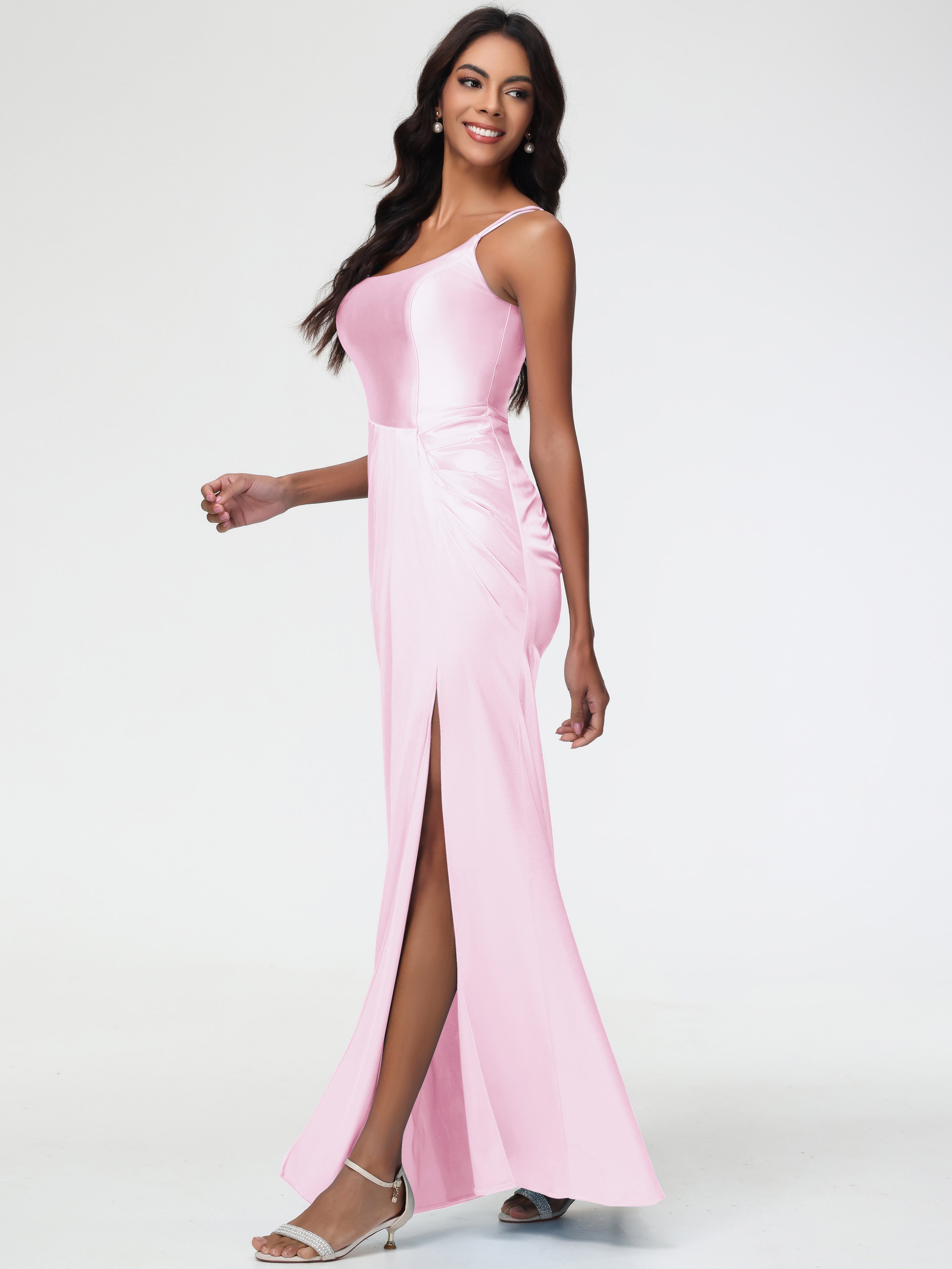 Rose Pale Robe Demoiselle D Honneur Col Rond Fendue Fourreau/Colonne Satin Extensible Robe De Demoiselle D'Honneur