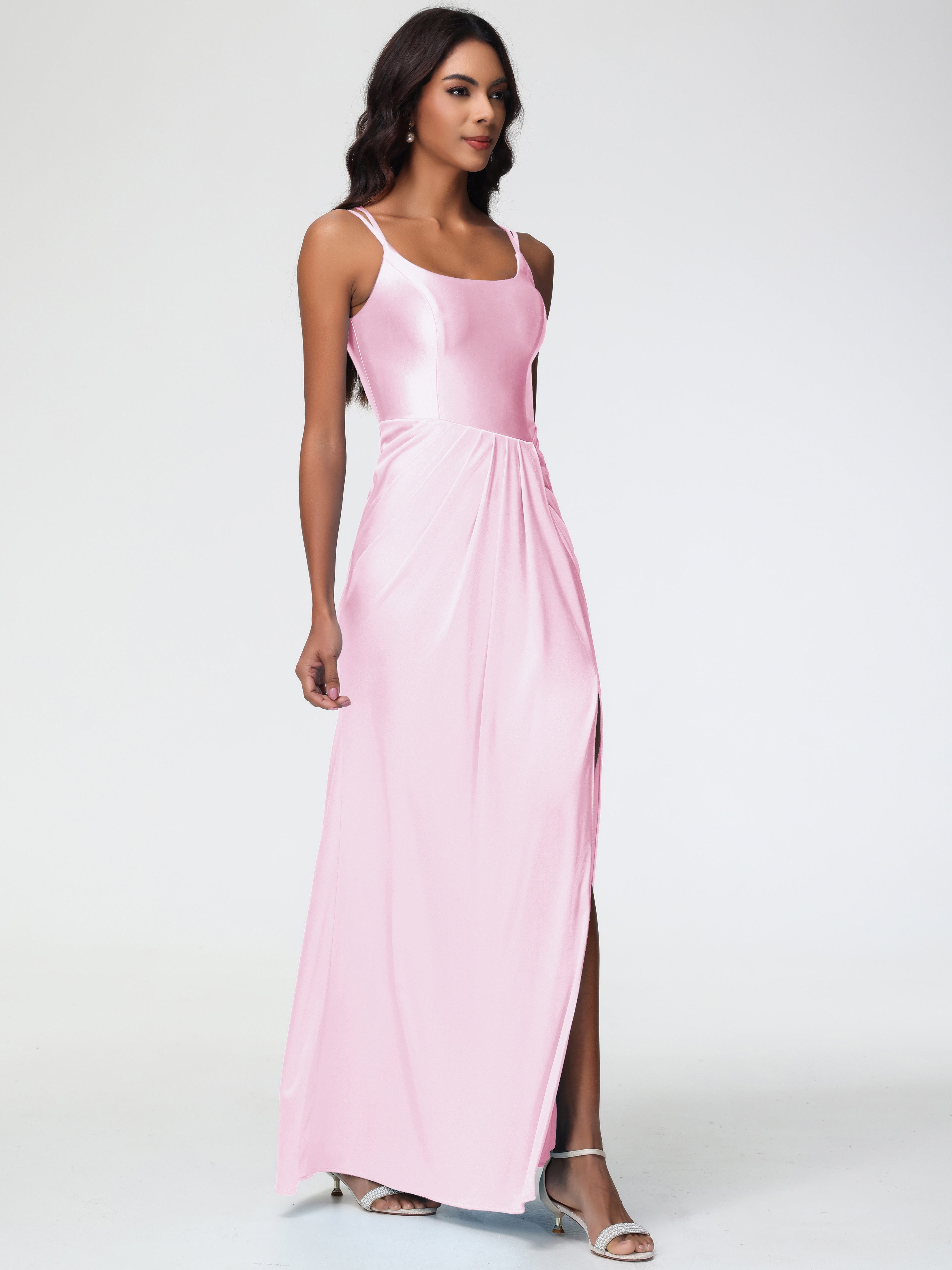 Rose Pale Robe Demoiselle D Honneur Col Rond Fendue Fourreau/Colonne Satin Extensible Robe De Demoiselle D'Honneur