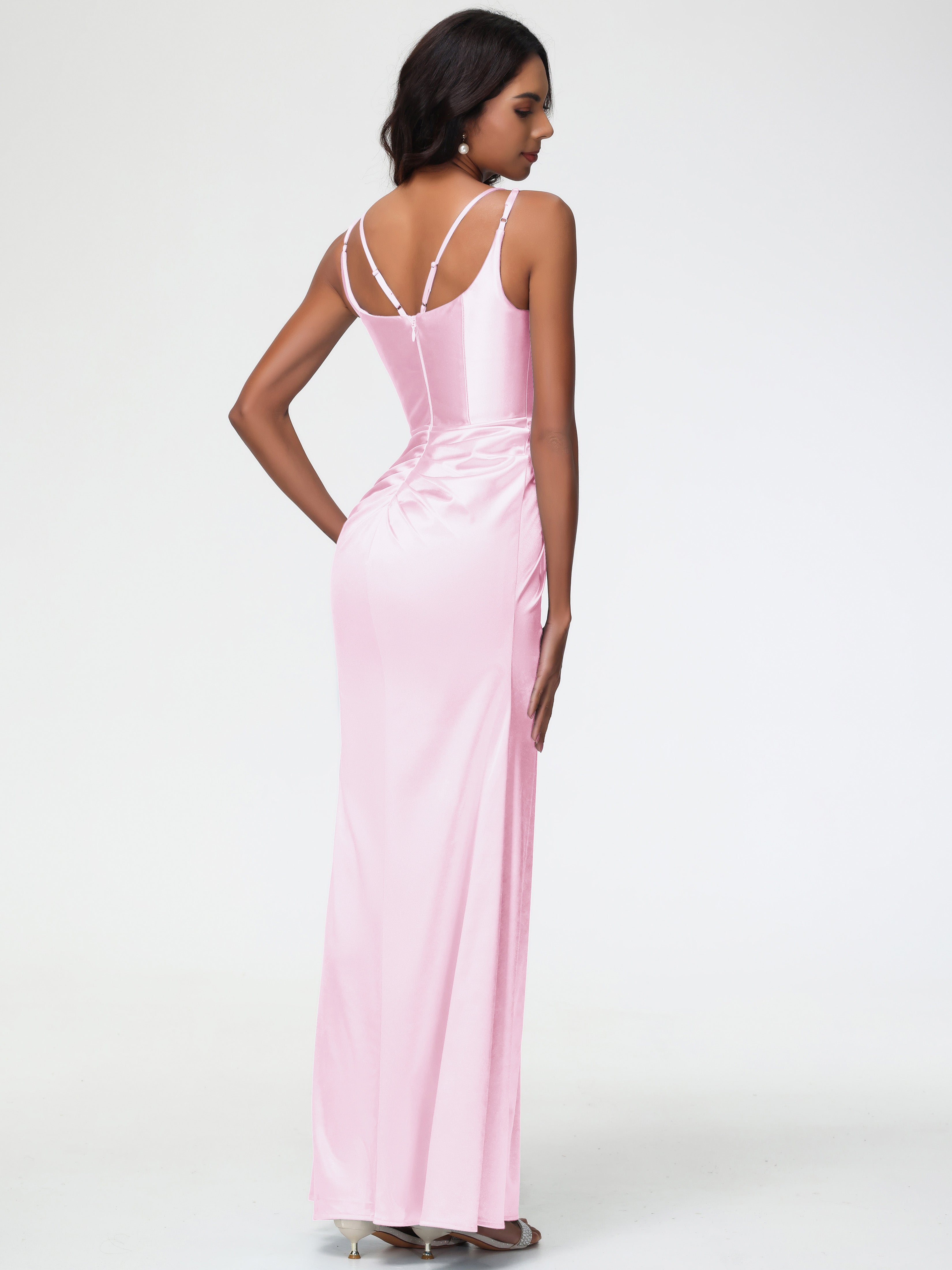 Rose Pale Robe Demoiselle D Honneur Col Rond Fendue Fourreau/Colonne Satin Extensible Robe De Demoiselle D'Honneur