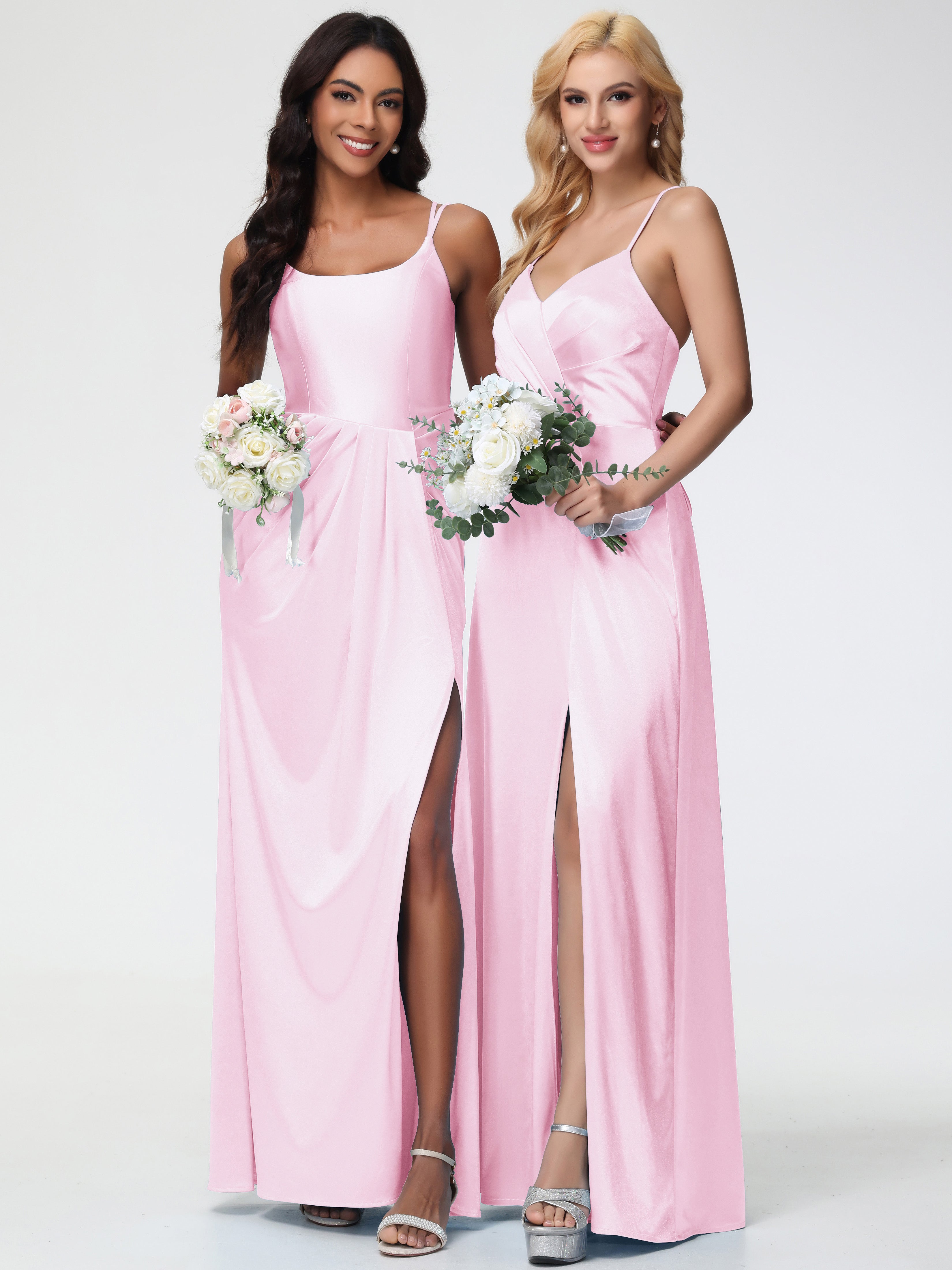 Rose Pale Robe Demoiselle D Honneur Col Rond Fendue Fourreau/Colonne Satin Extensible Robe De Demoiselle D'Honneur