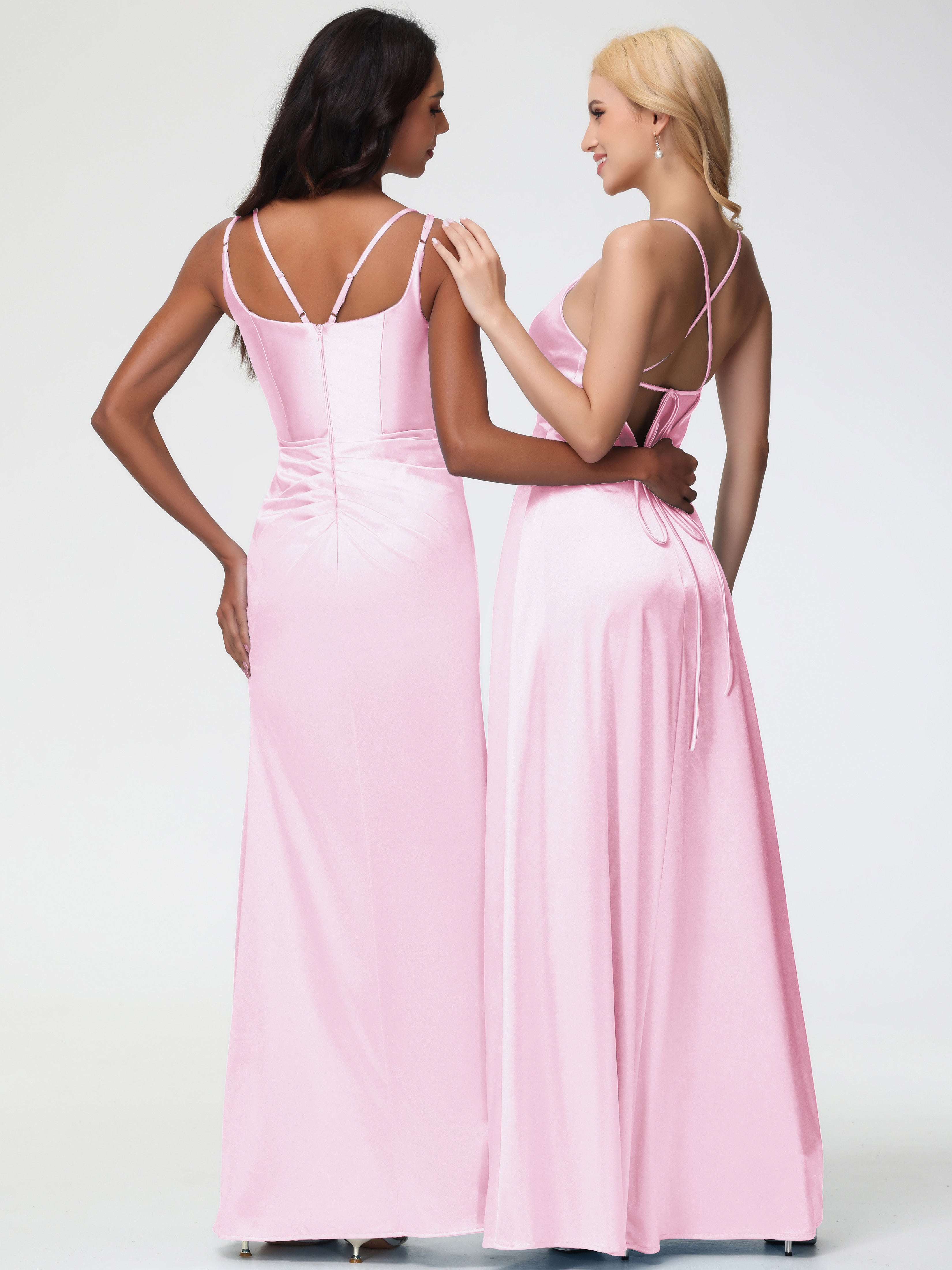 Rose Pale Robe Demoiselle D Honneur Col Rond Fendue Fourreau/Colonne Satin Extensible Robe De Demoiselle D'Honneur