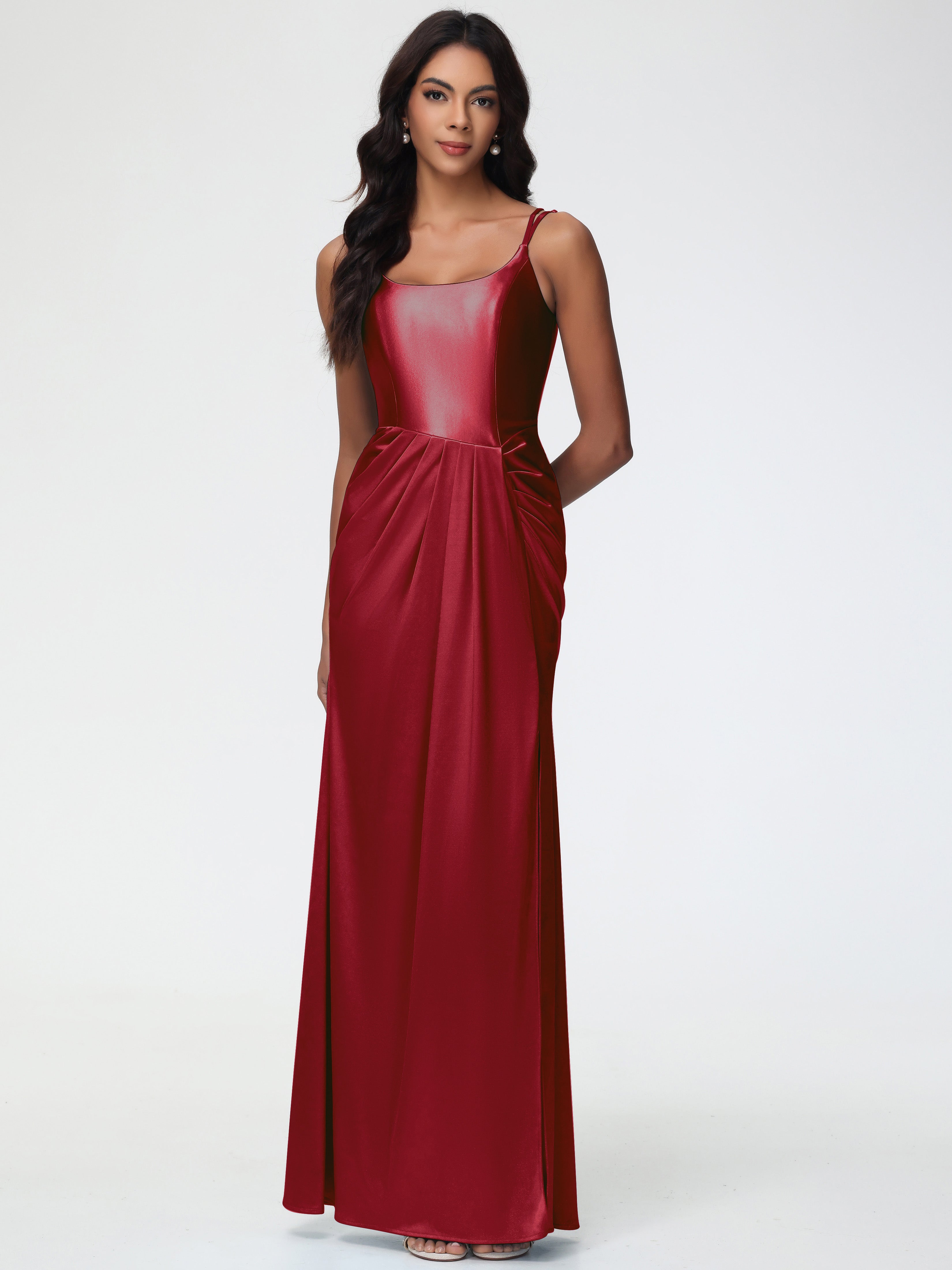 Robe Demoiselle D Honneur Couleur Bordeaux Col Rond Fendue Fourreau/Colonne Satin Extensible Robe De Demoiselle D'Honneur