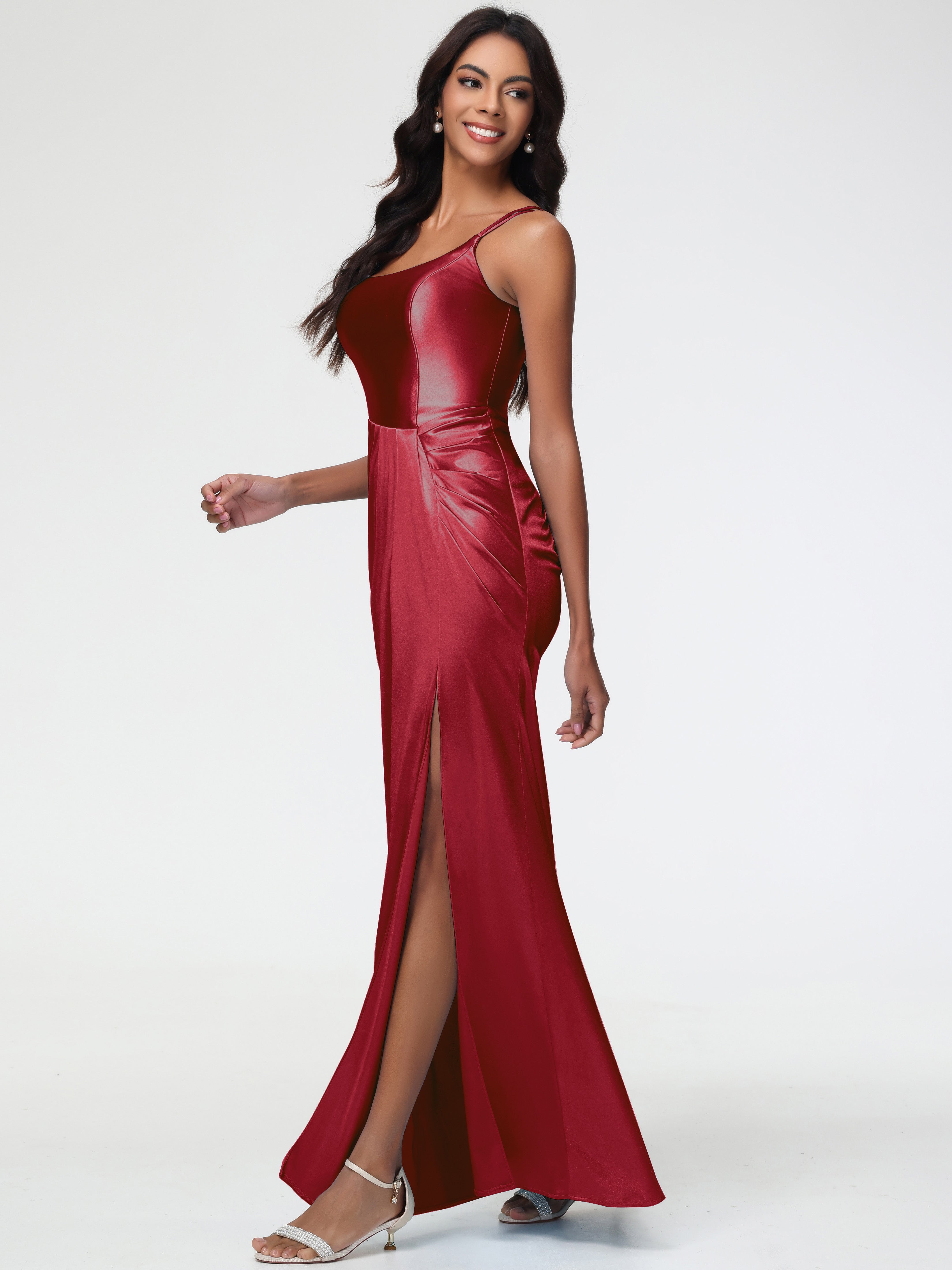 Robe Demoiselle D Honneur Couleur Bordeaux Col Rond Fendue Fourreau/Colonne Satin Extensible Robe De Demoiselle D'Honneur