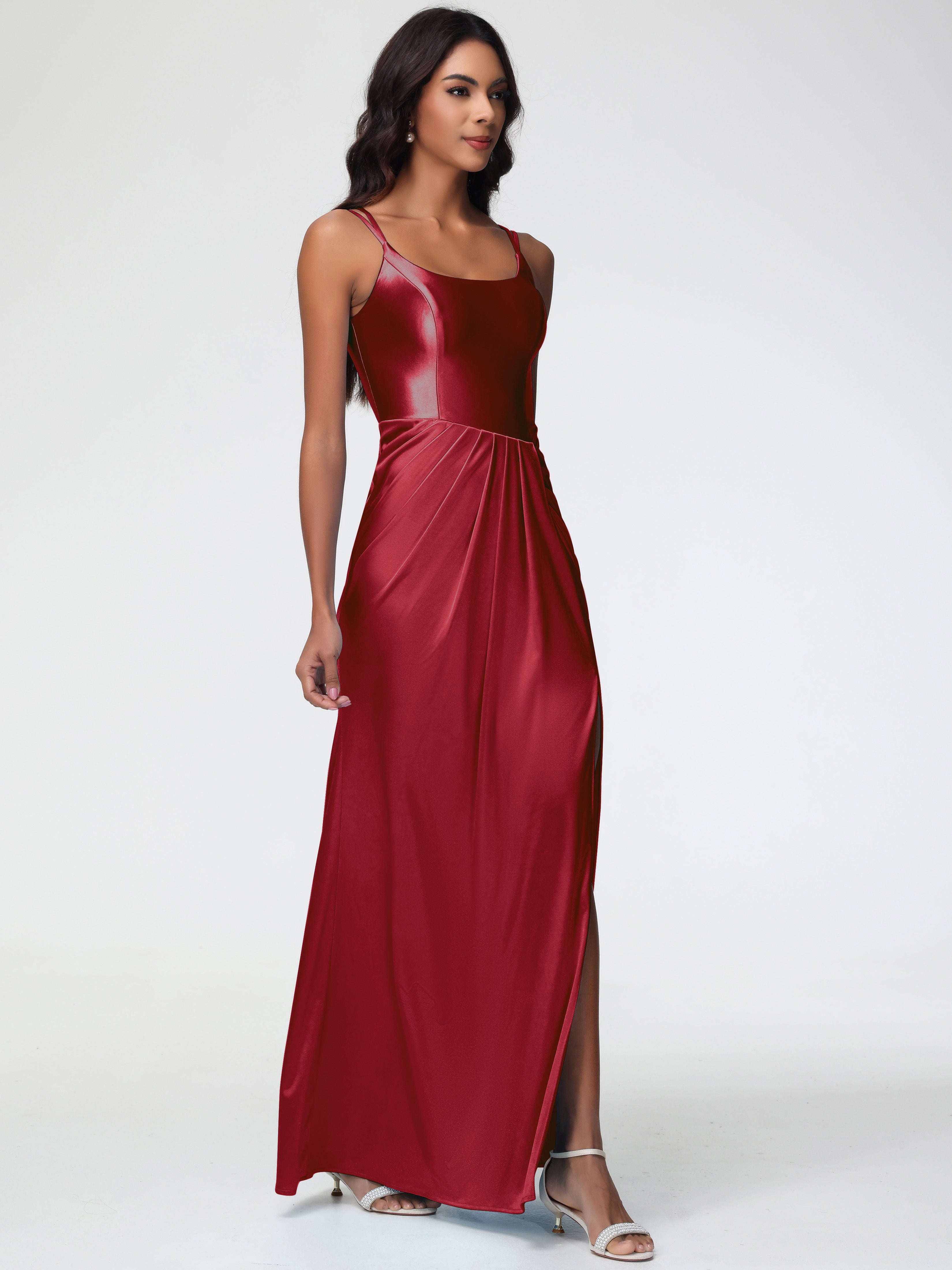Robe Demoiselle D Honneur Couleur Bordeaux Col Rond Fendue Fourreau/Colonne Satin Extensible Robe De Demoiselle D'Honneur