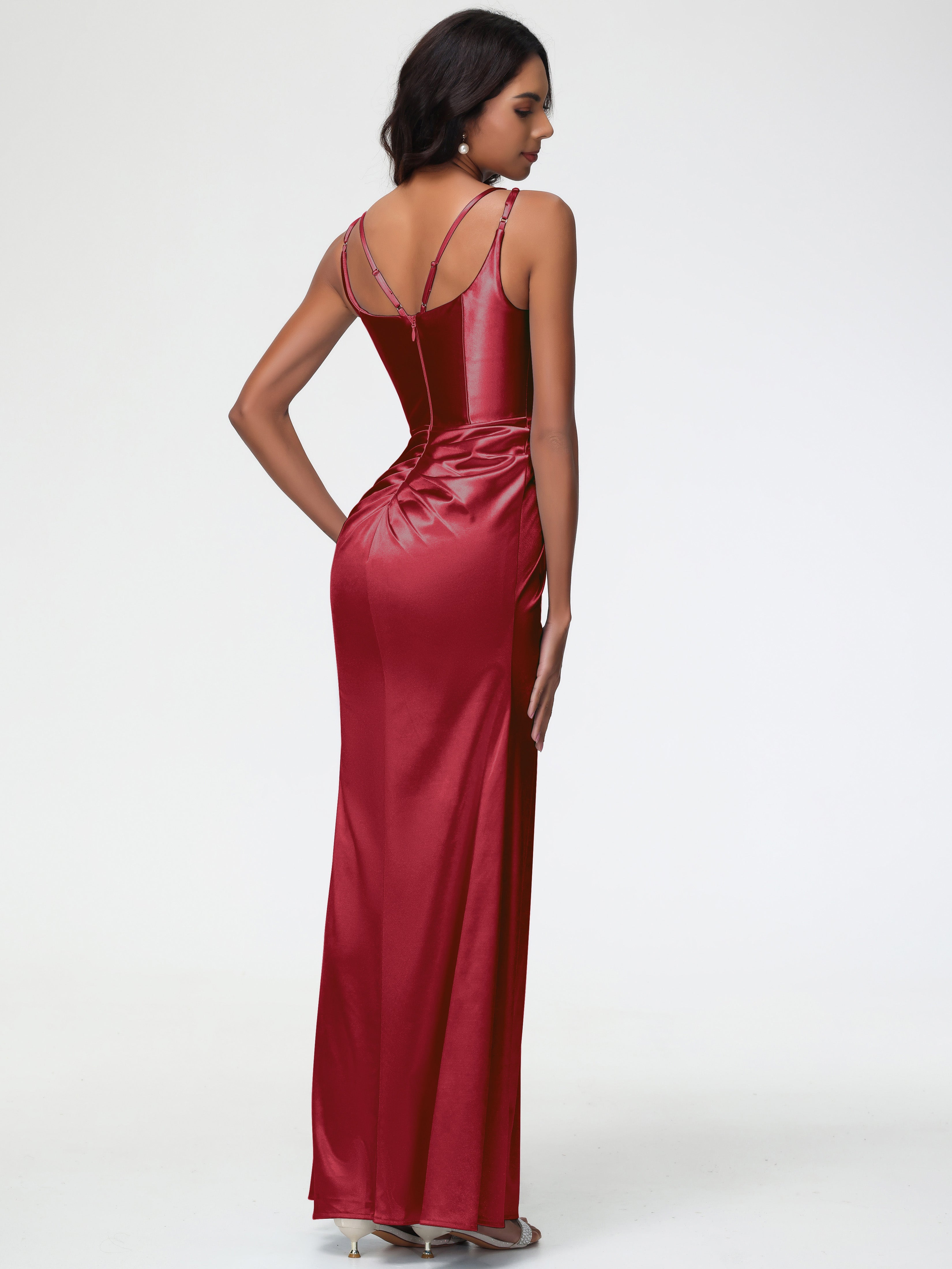 Robe Demoiselle D Honneur Couleur Bordeaux Col Rond Fendue Fourreau/Colonne Satin Extensible Robe De Demoiselle D'Honneur