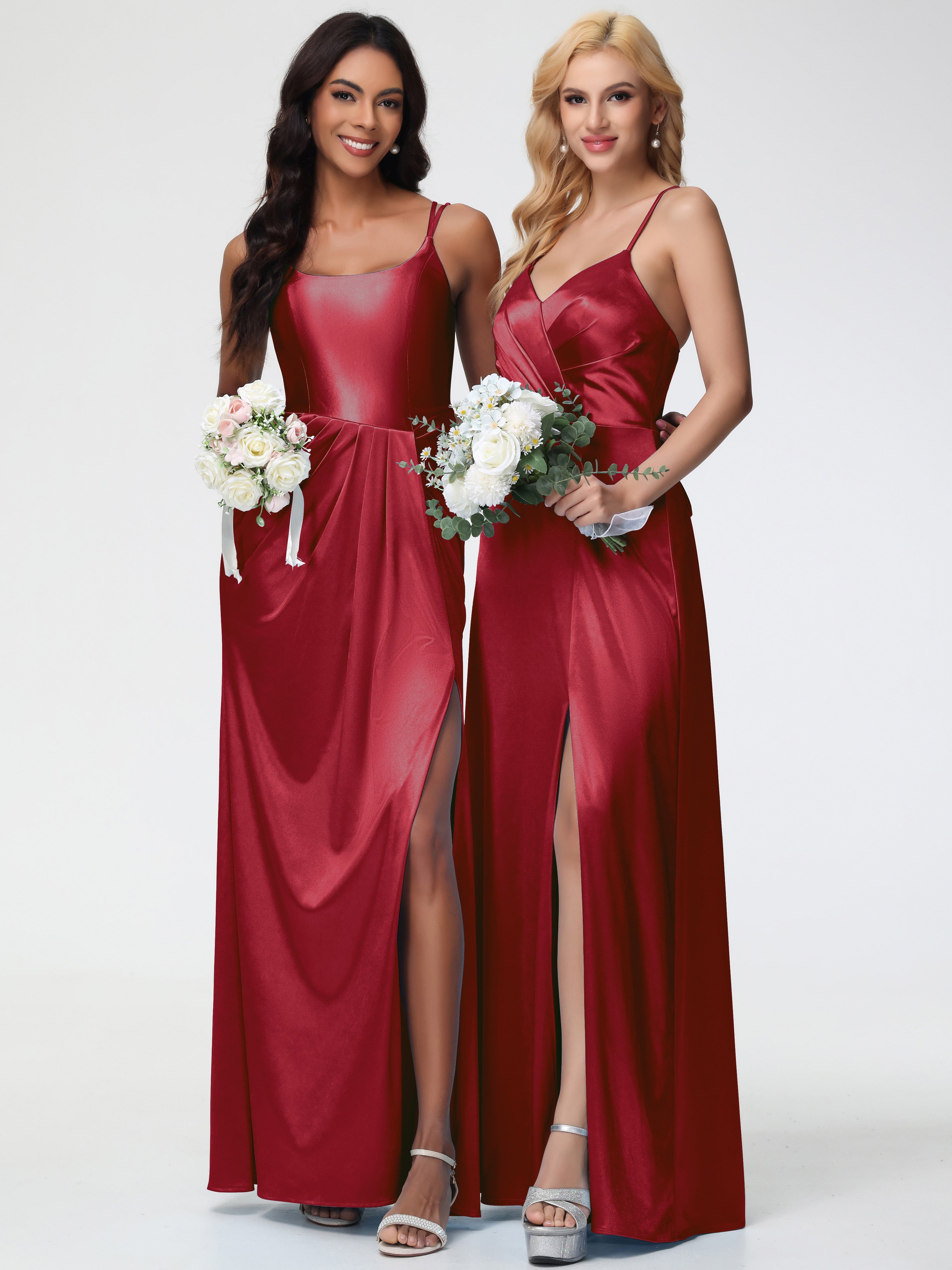 Robe Demoiselle D Honneur Couleur Bordeaux Col Rond Fendue Fourreau/Colonne Satin Extensible Robe De Demoiselle D'Honneur