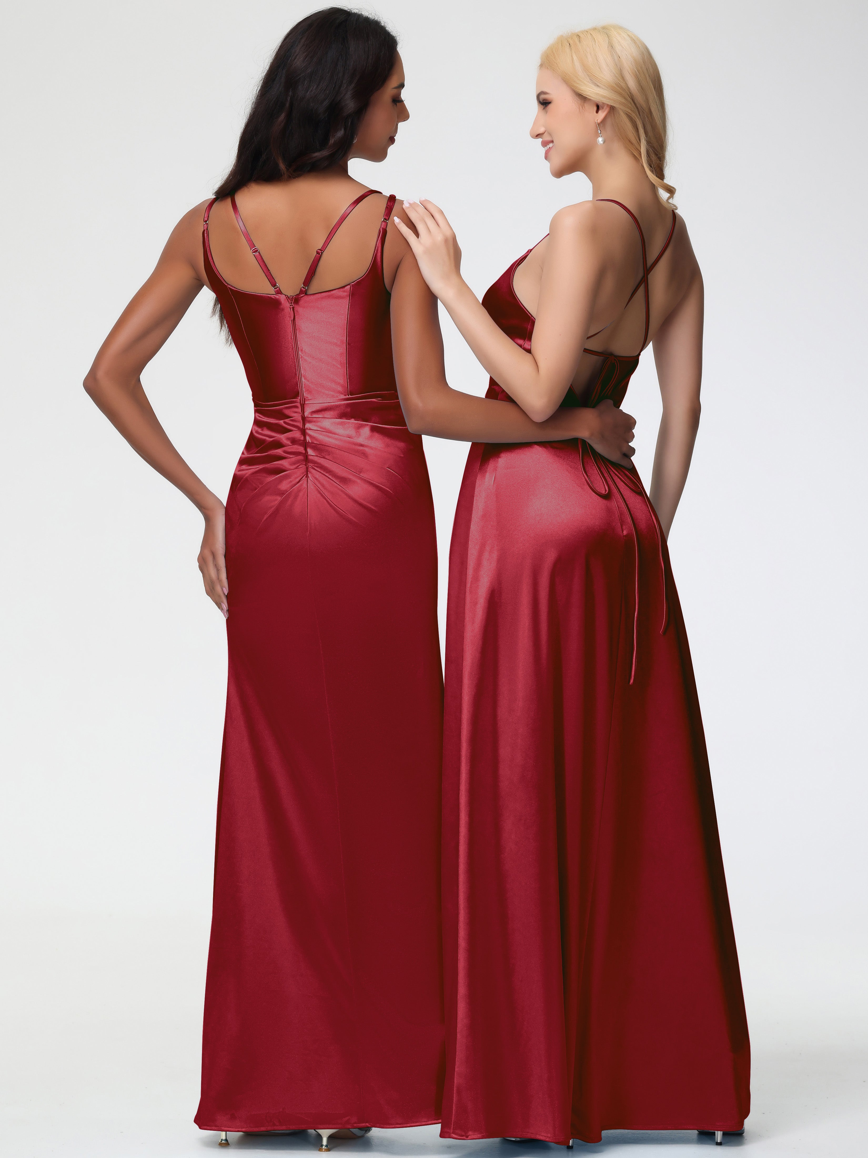 Robe Demoiselle D Honneur Couleur Bordeaux Col Rond Fendue Fourreau/Colonne Satin Extensible Robe De Demoiselle D'Honneur