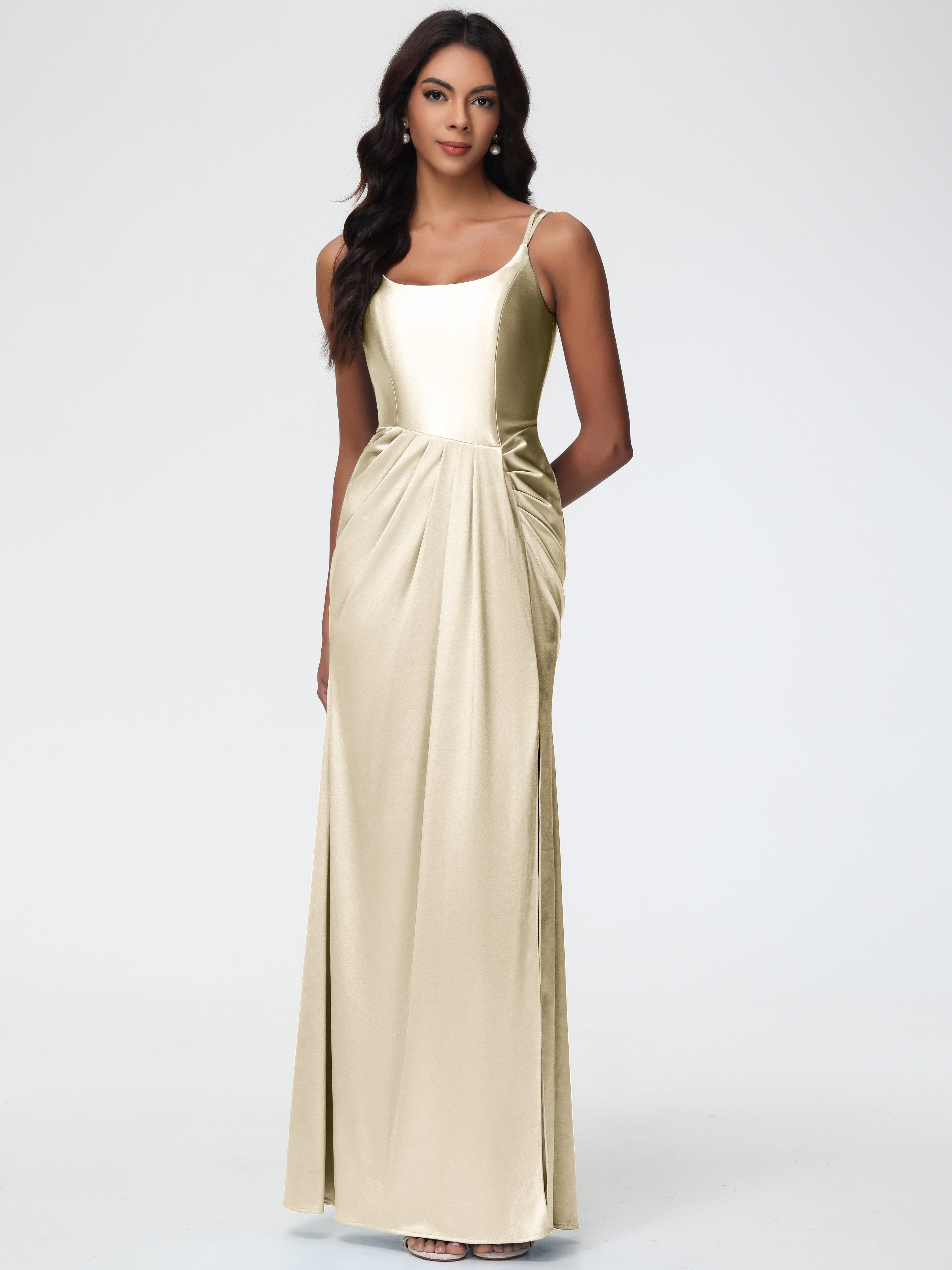 Robes De Demoiselle D Honneur Champagne Col Rond Fendue Fourreau/Colonne Satin Extensible Robe De Demoiselle D'Honneur