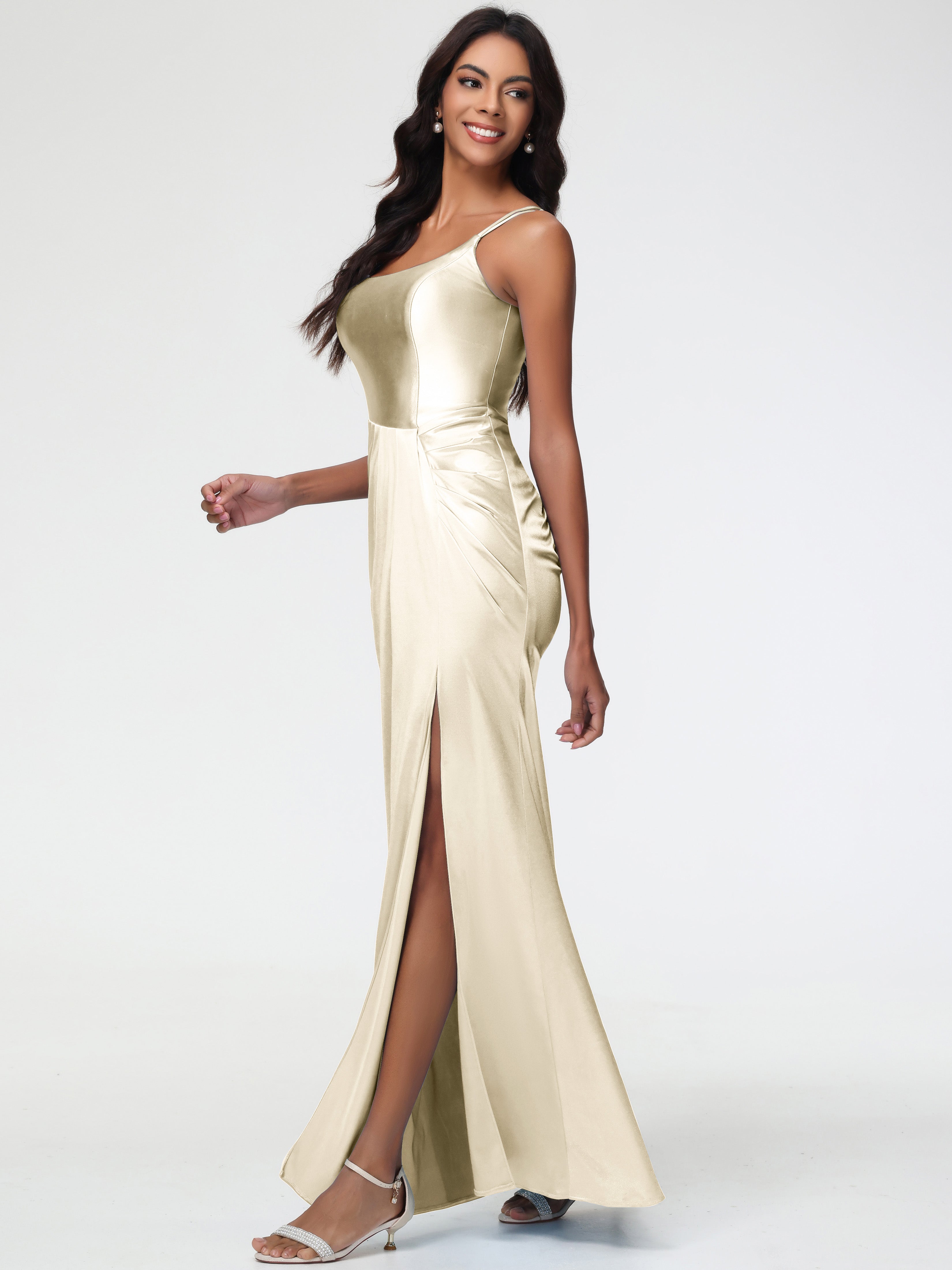 Robes De Demoiselle D Honneur Champagne Col Rond Fendue Fourreau/Colonne Satin Extensible Robe De Demoiselle D'Honneur