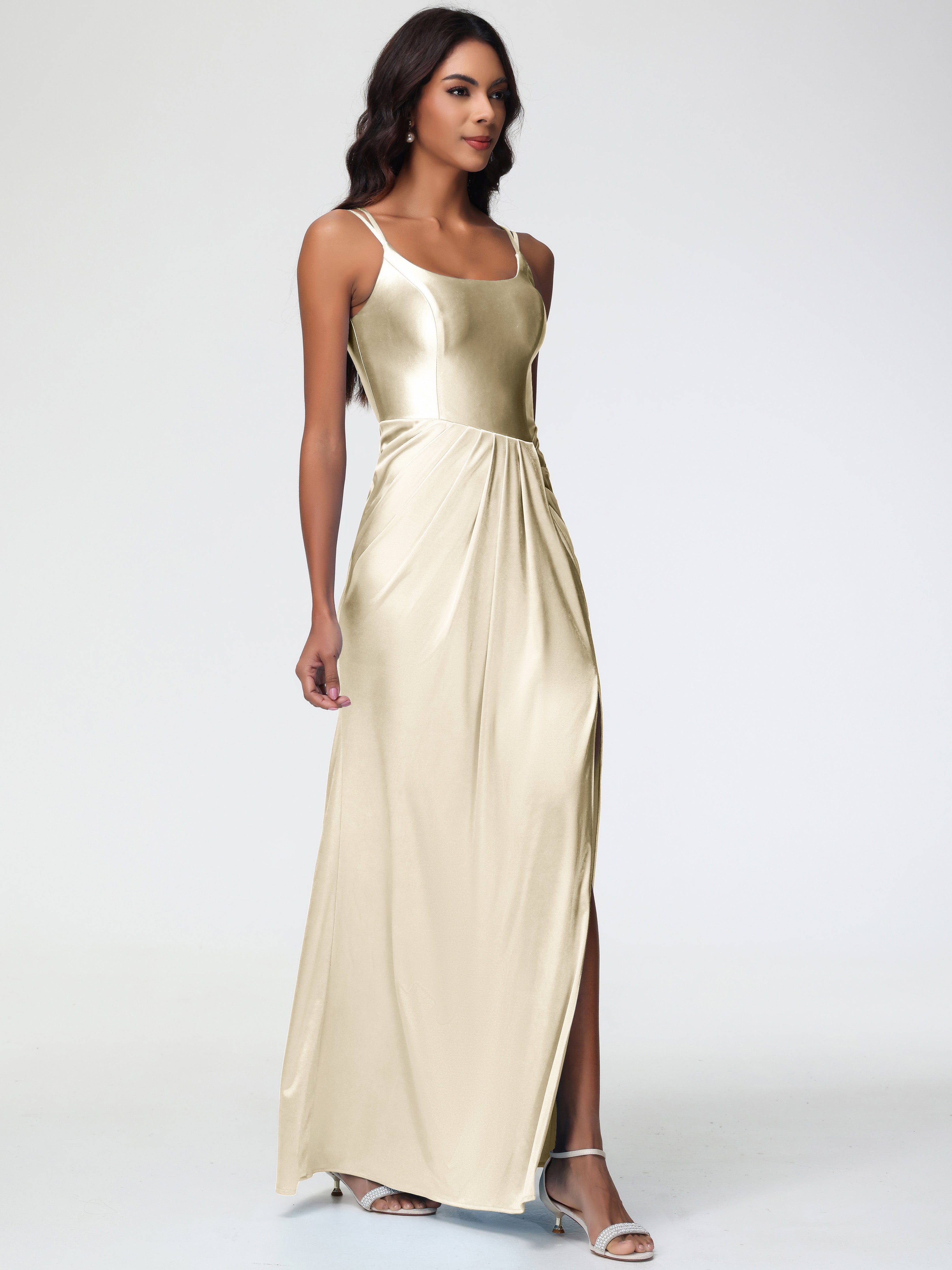 Robes De Demoiselle D Honneur Champagne Col Rond Fendue Fourreau/Colonne Satin Extensible Robe De Demoiselle D'Honneur