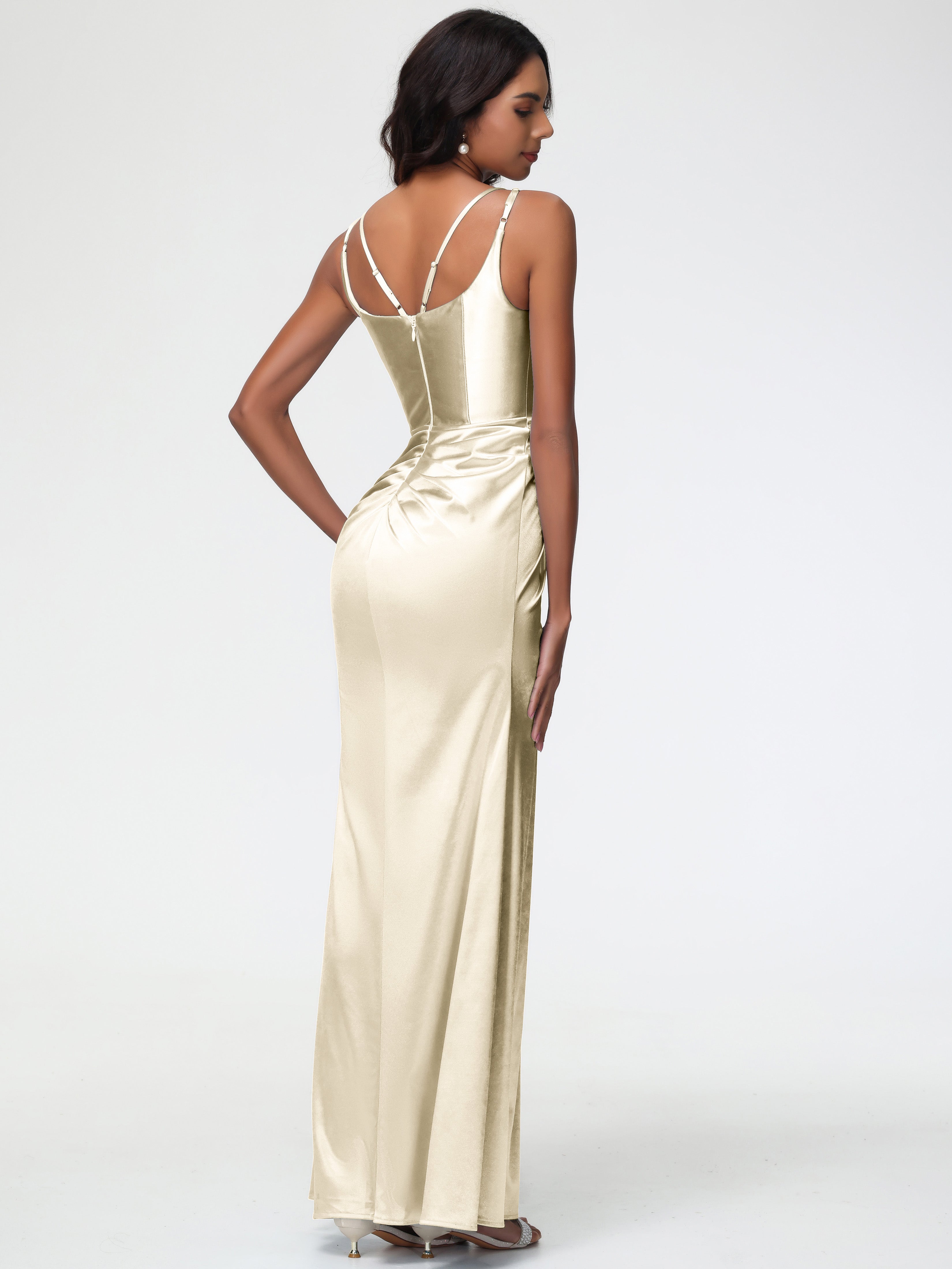 Robes De Demoiselle D Honneur Champagne Col Rond Fendue Fourreau/Colonne Satin Extensible Robe De Demoiselle D'Honneur