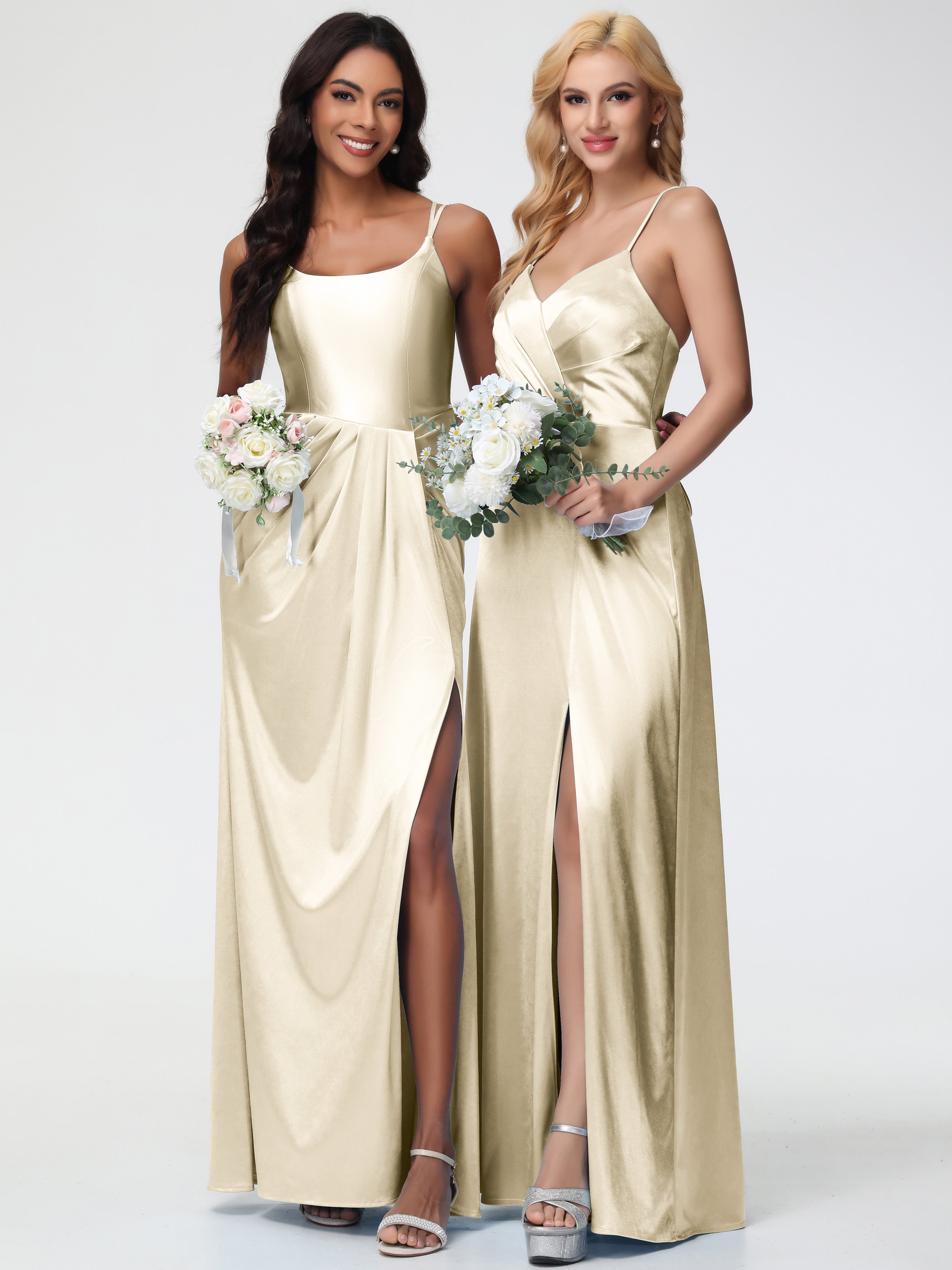 Robes De Demoiselle D Honneur Champagne Col Rond Fendue Fourreau/Colonne Satin Extensible Robe De Demoiselle D'Honneur