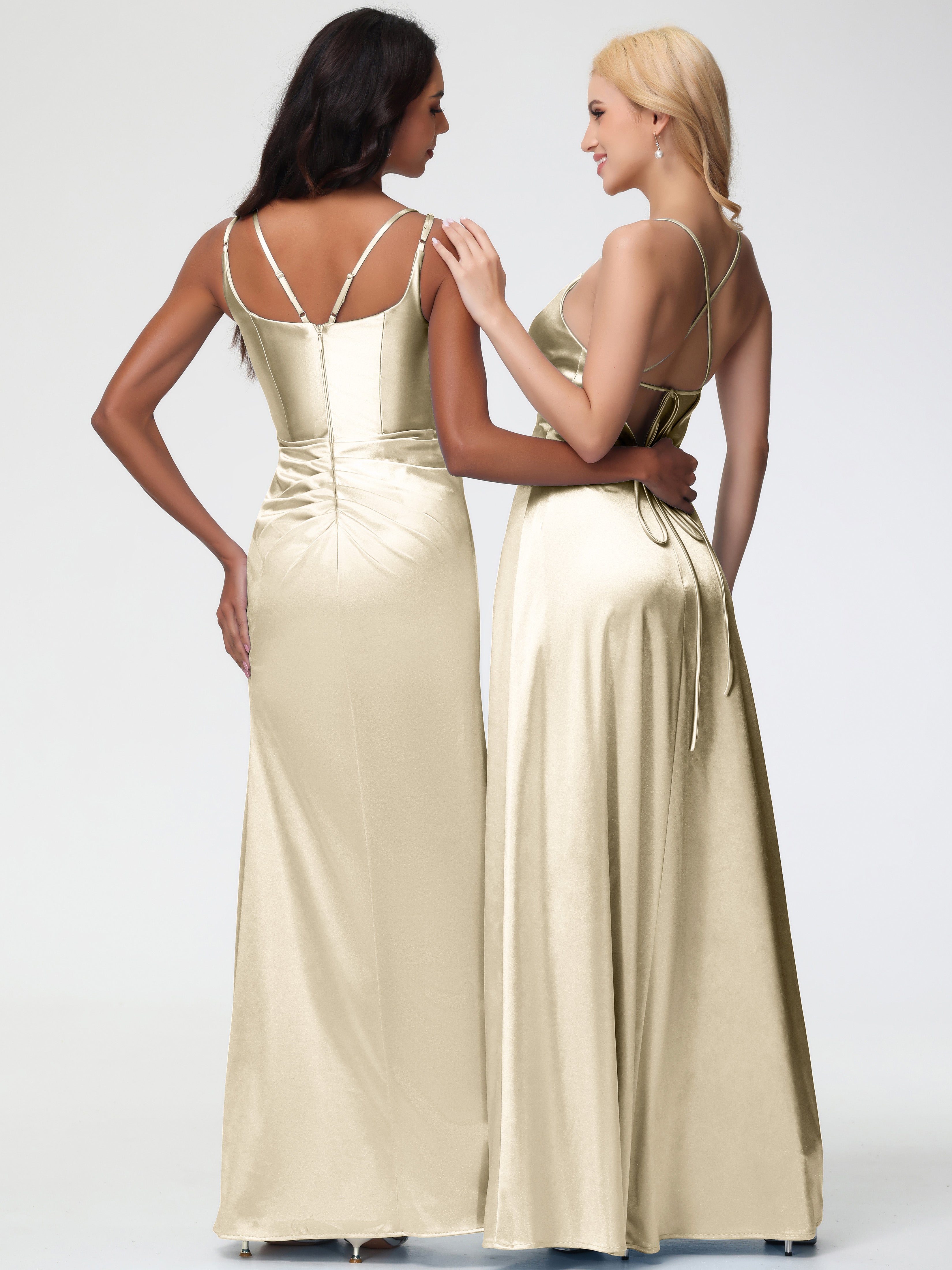 Robes De Demoiselle D Honneur Champagne Col Rond Fendue Fourreau/Colonne Satin Extensible Robe De Demoiselle D'Honneur