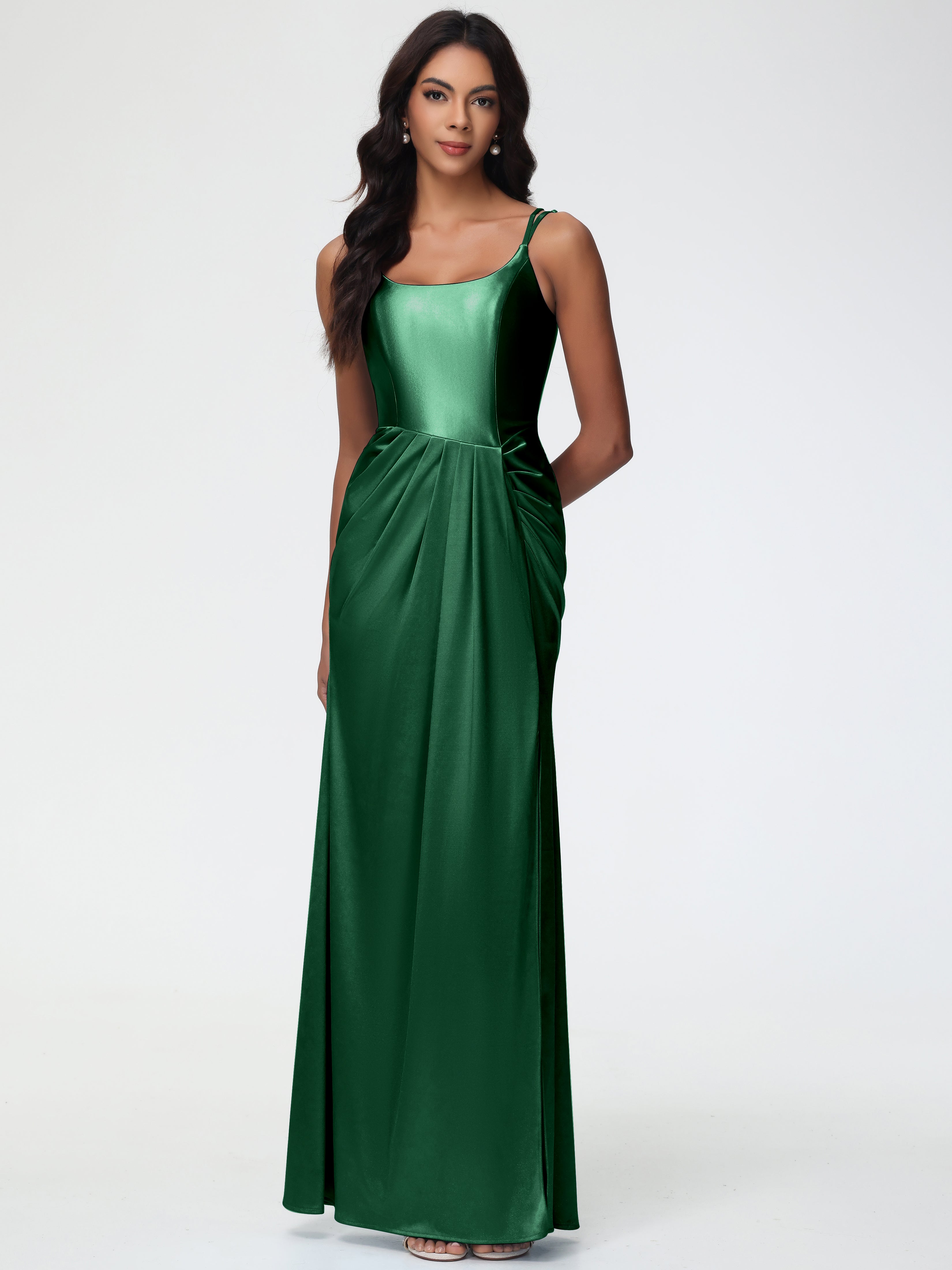 Robe Demoiselle D Honneur Vert Foncé Col Rond Fendue Fourreau/Colonne Satin Extensible Robe De Demoiselle D'Honneur