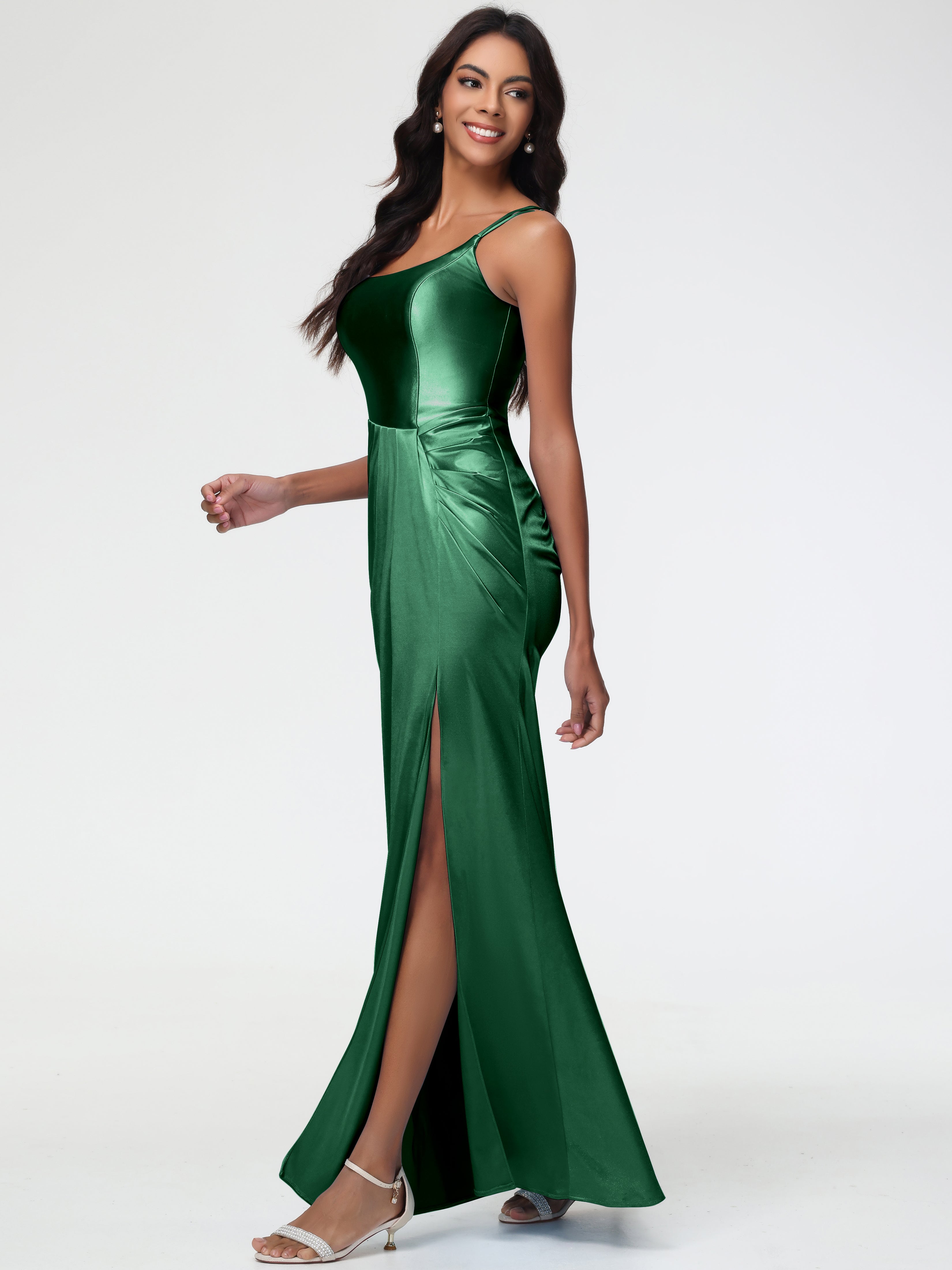 Robe Demoiselle D Honneur Vert Foncé Col Rond Fendue Fourreau/Colonne Satin Extensible Robe De Demoiselle D'Honneur