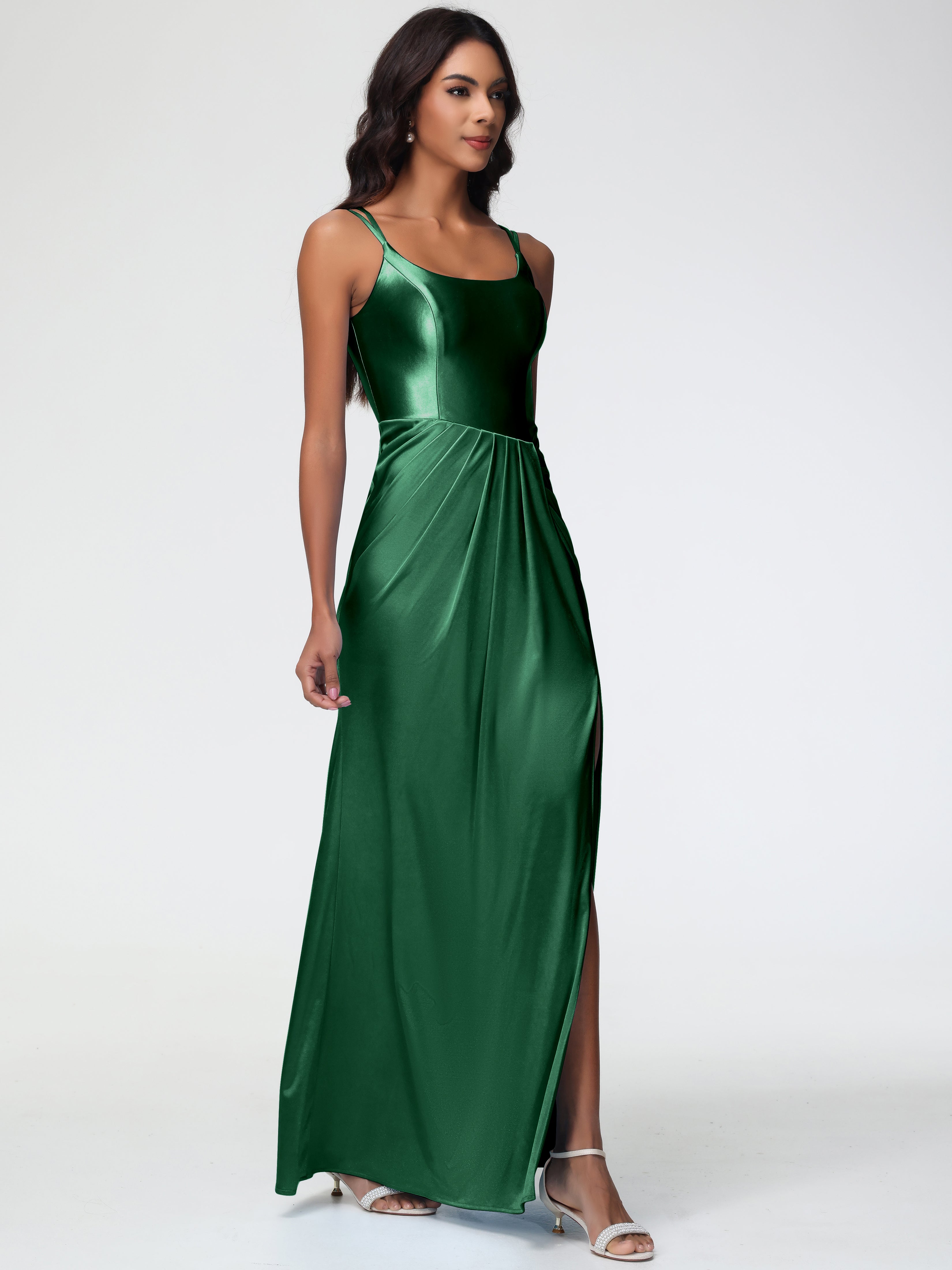 Robe Demoiselle D Honneur Vert Foncé Col Rond Fendue Fourreau/Colonne Satin Extensible Robe De Demoiselle D'Honneur