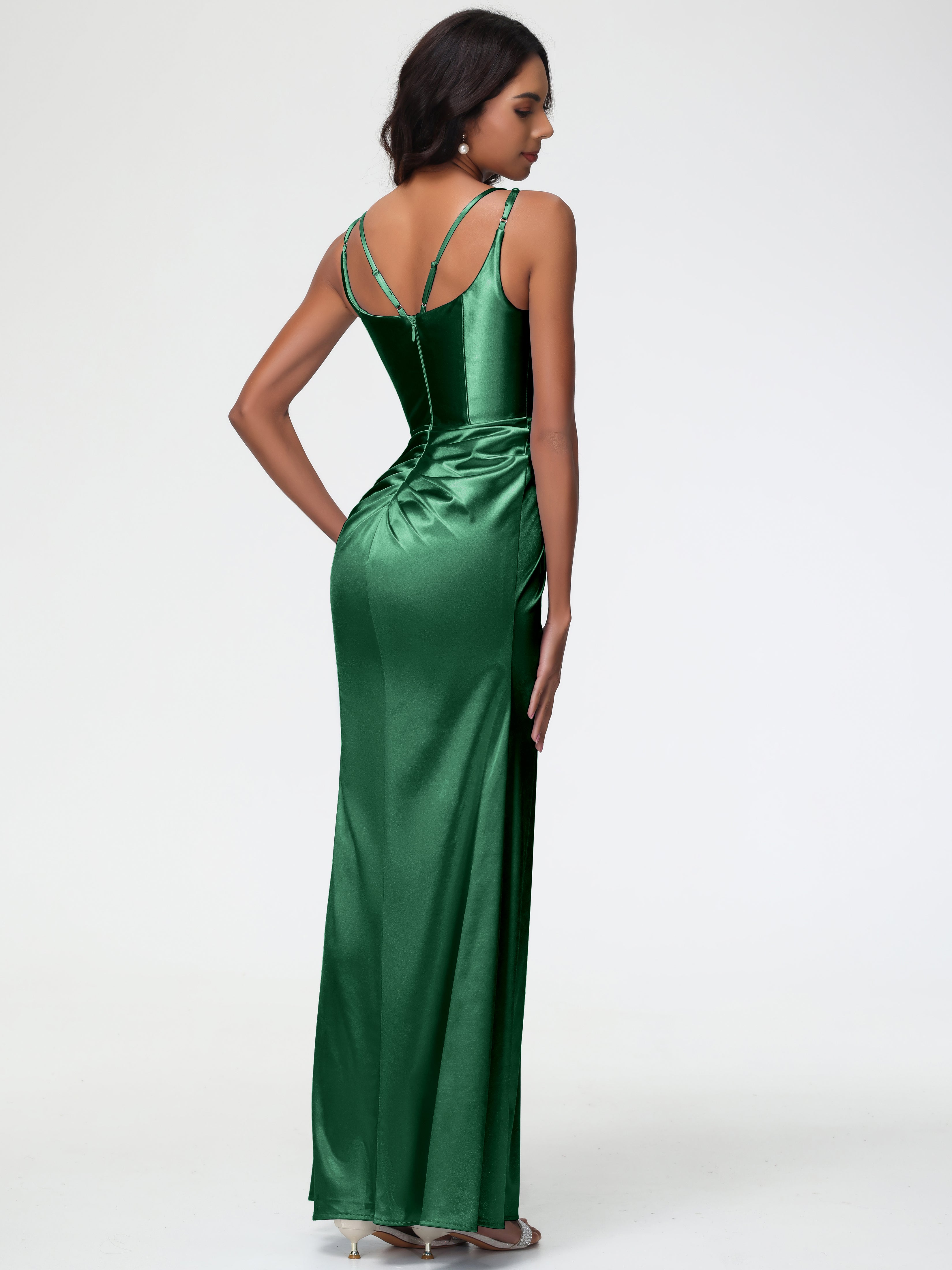 Robe Demoiselle D Honneur Vert Foncé Col Rond Fendue Fourreau/Colonne Satin Extensible Robe De Demoiselle D'Honneur