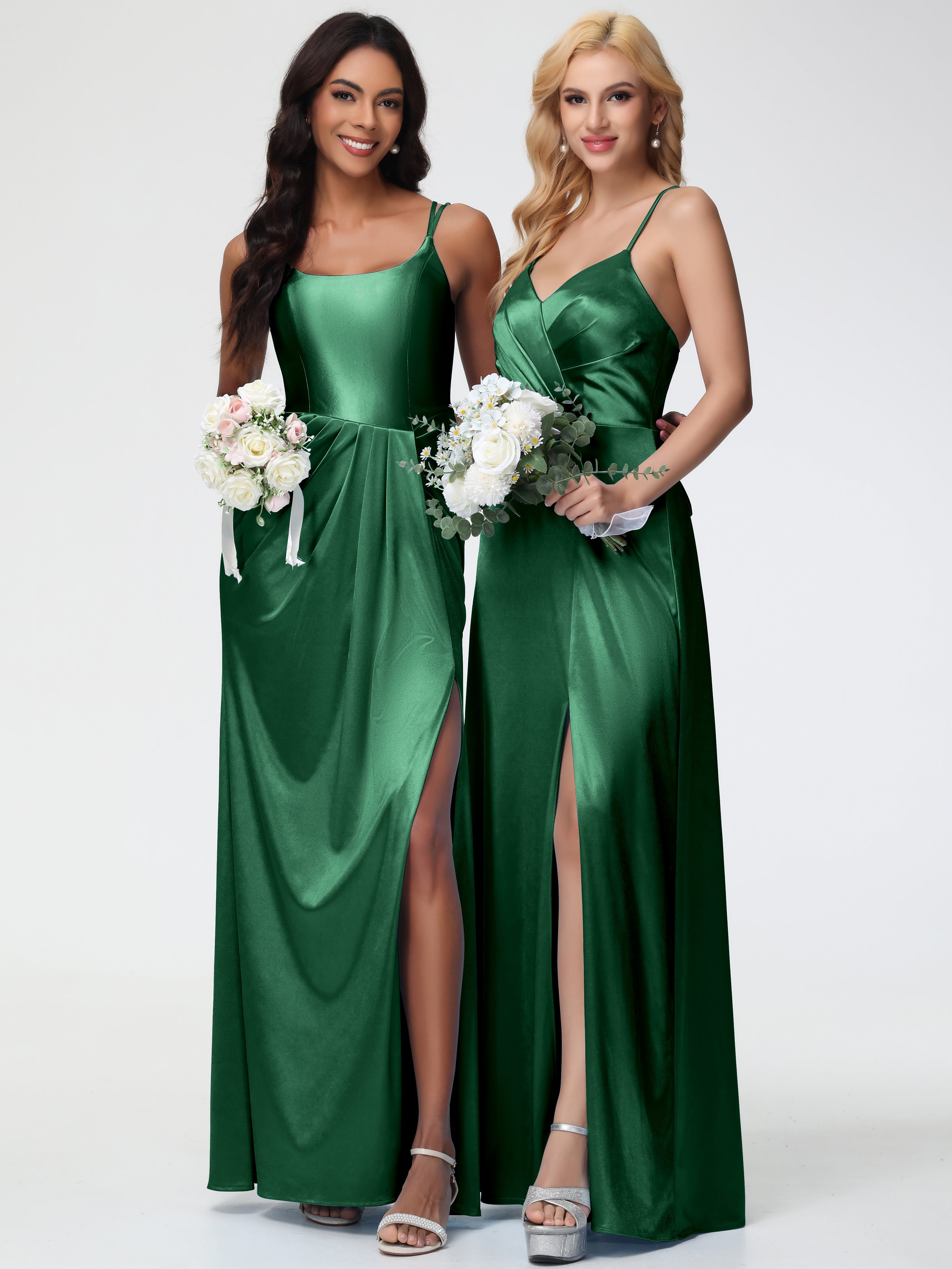 Robe Demoiselle D Honneur Vert Foncé Col Rond Fendue Fourreau/Colonne Satin Extensible Robe De Demoiselle D'Honneur