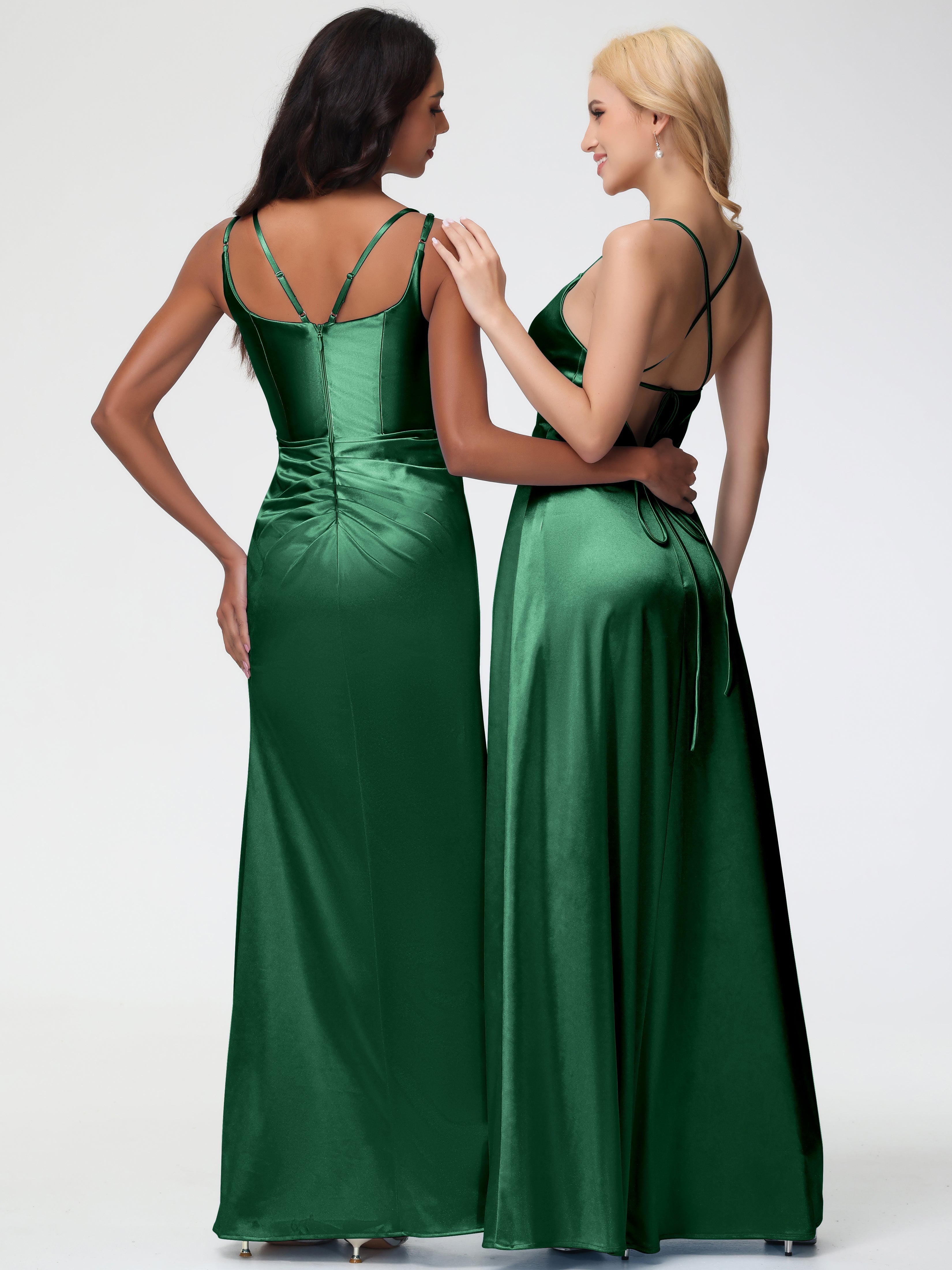 Robe Demoiselle D Honneur Vert Foncé Col Rond Fendue Fourreau/Colonne Satin Extensible Robe De Demoiselle D'Honneur
