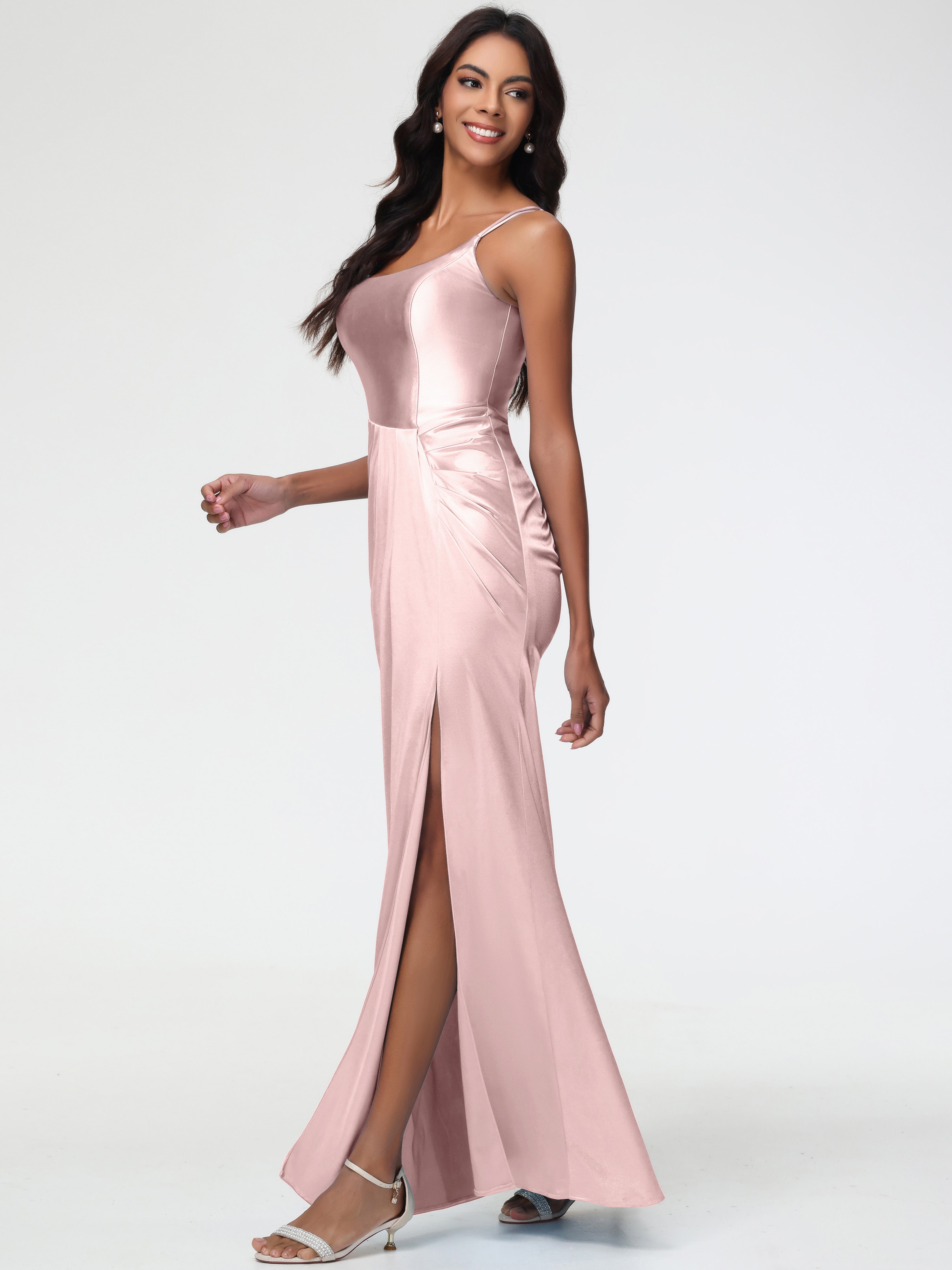 Poudree Robe Demoiselle D Honneur Rose Col Rond Fendue Fourreau/Colonne Satin Extensible Robe De Demoiselle D'Honneur