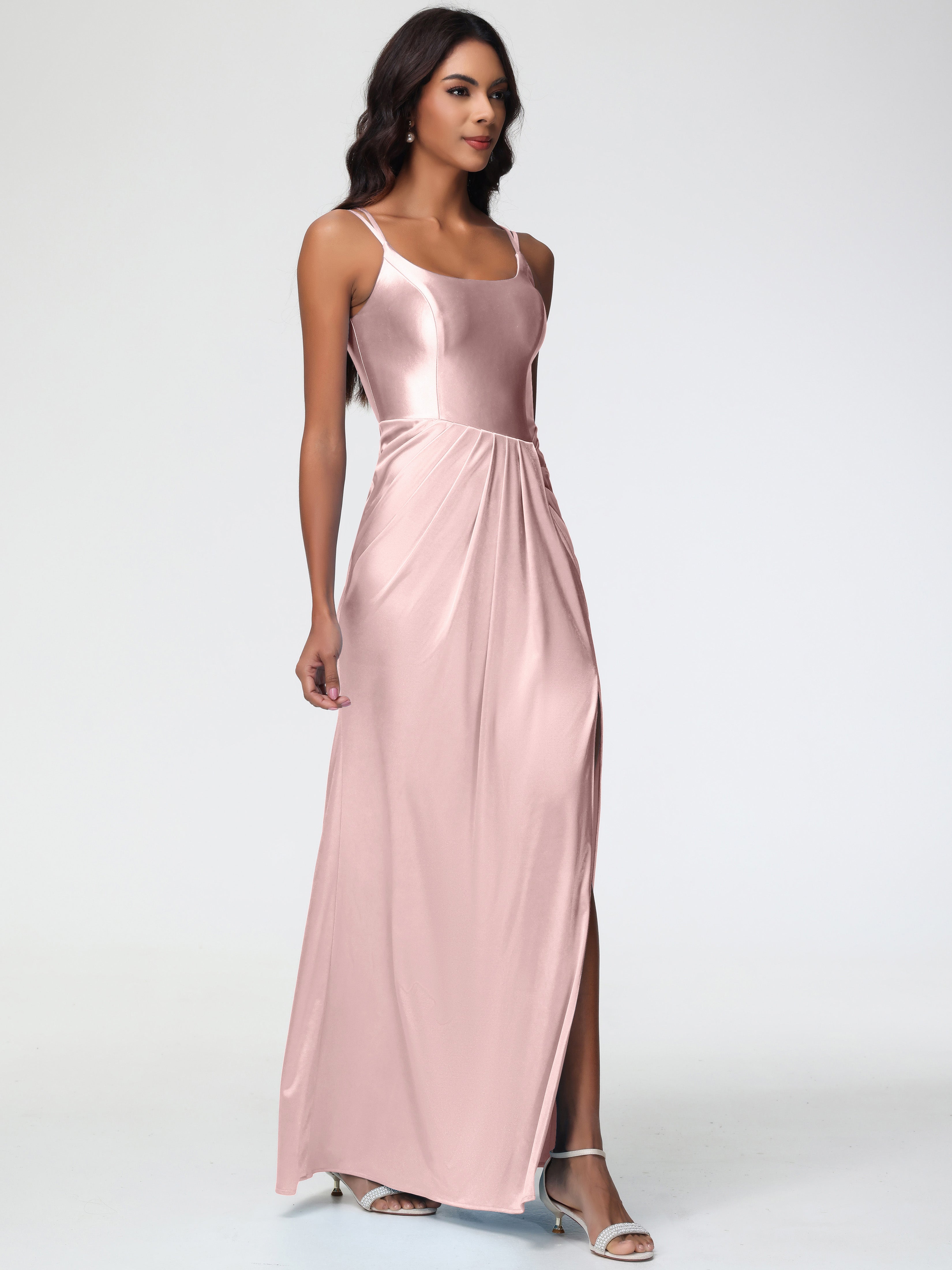 Poudree Robe Demoiselle D Honneur Rose Col Rond Fendue Fourreau/Colonne Satin Extensible Robe De Demoiselle D'Honneur