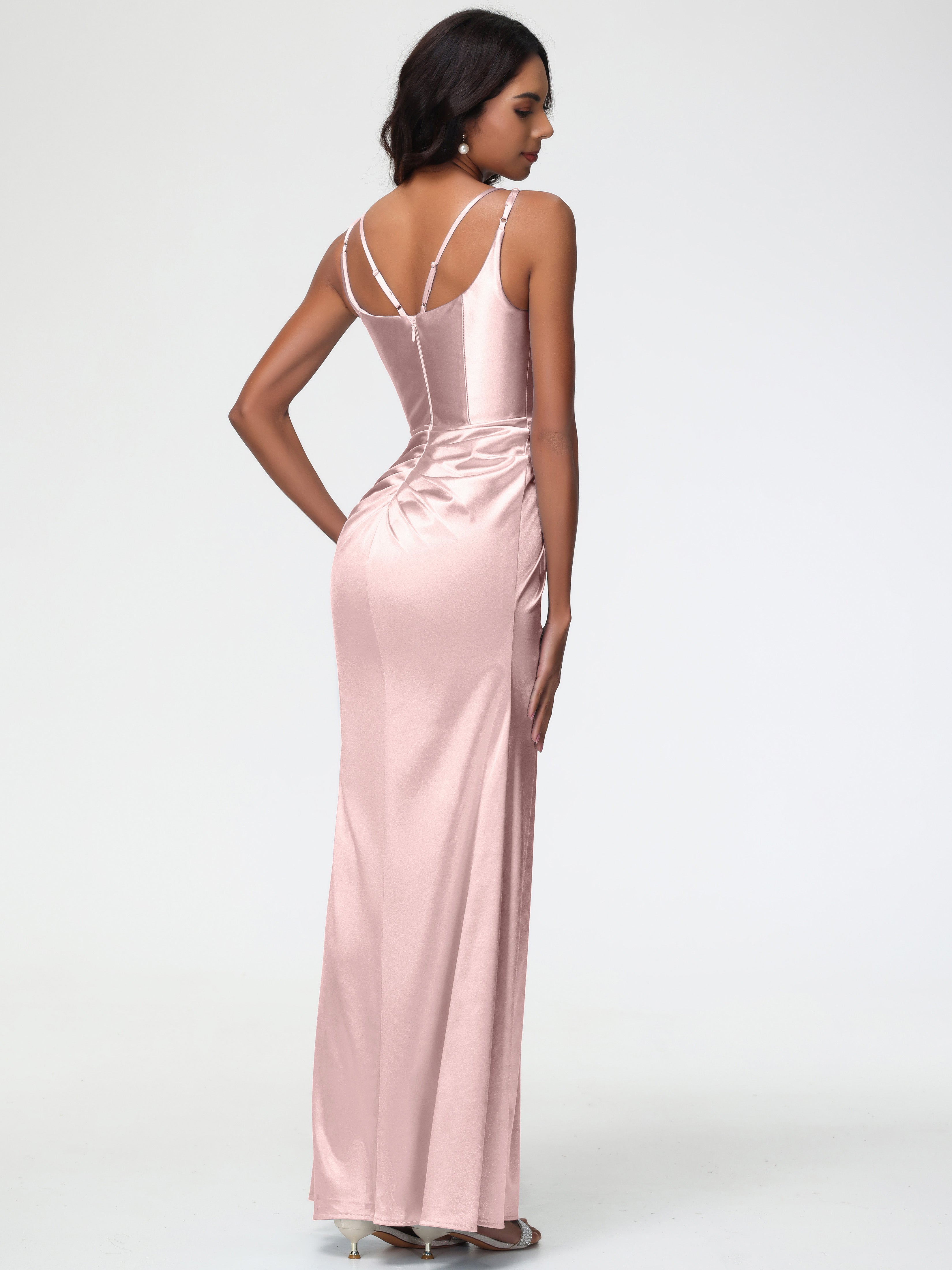 Poudree Robe Demoiselle D Honneur Rose Col Rond Fendue Fourreau/Colonne Satin Extensible Robe De Demoiselle D'Honneur