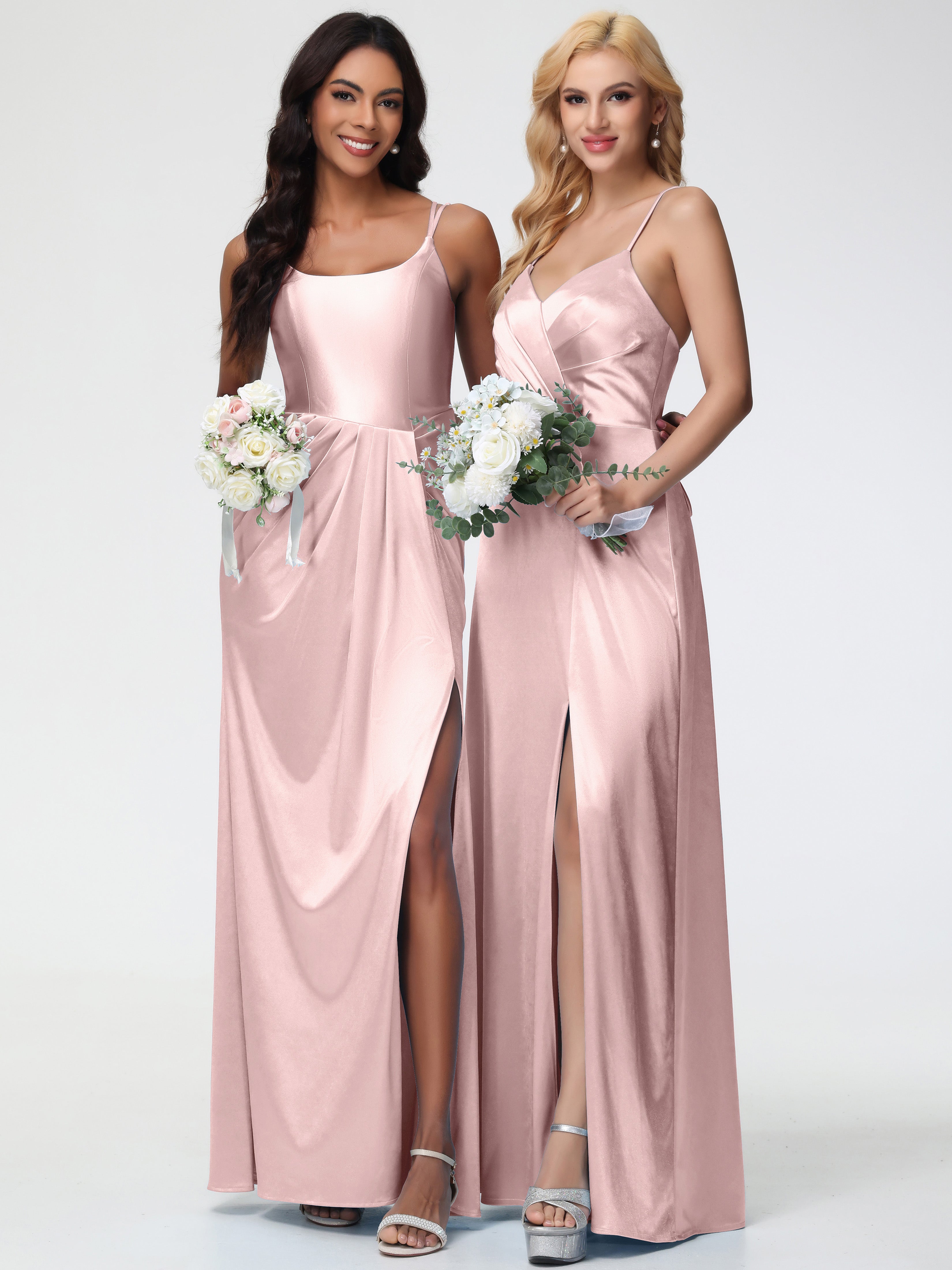 Poudree Robe Demoiselle D Honneur Rose Col Rond Fendue Fourreau/Colonne Satin Extensible Robe De Demoiselle D'Honneur