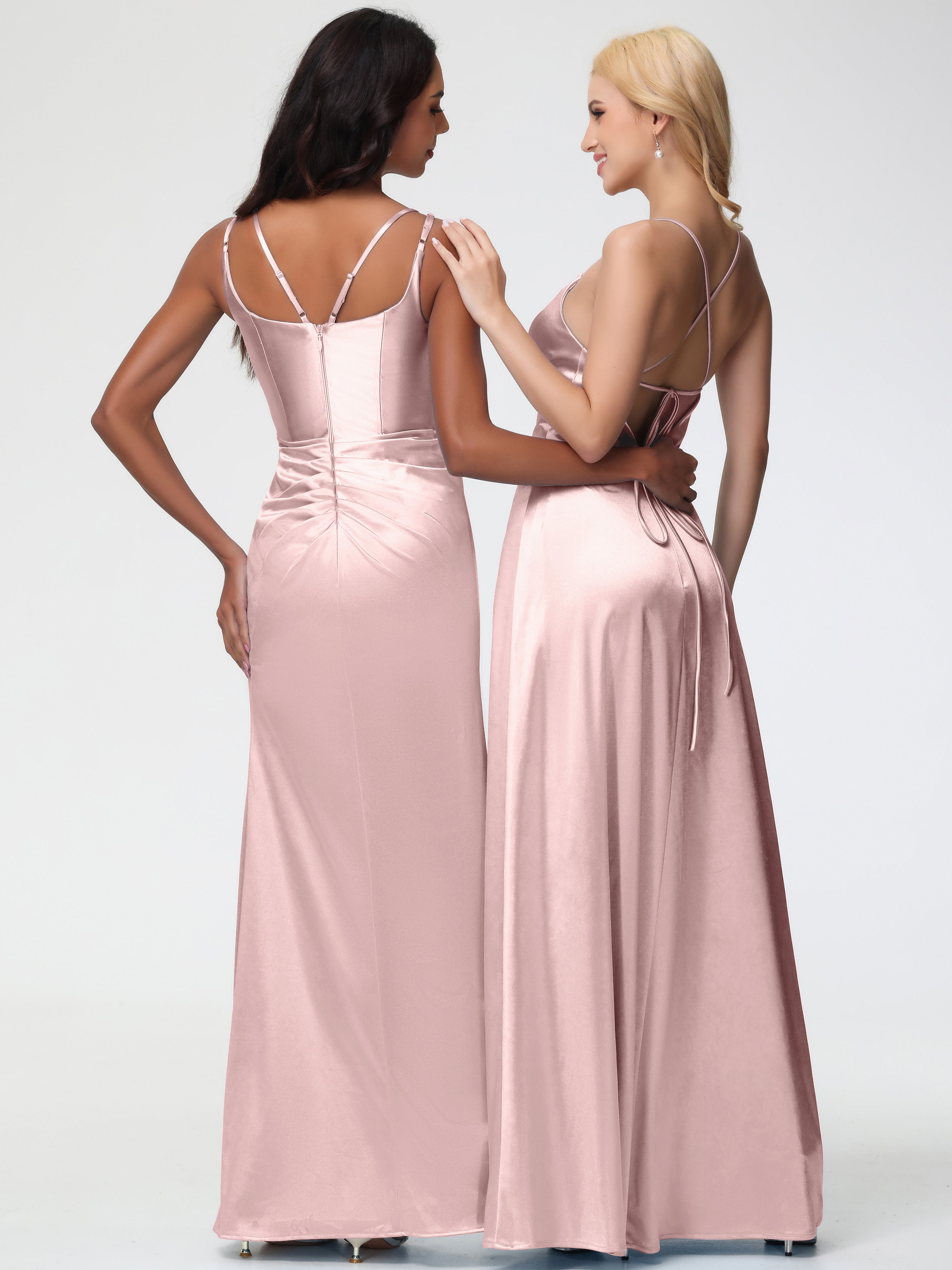 Poudree Robe Demoiselle D Honneur Rose Col Rond Fendue Fourreau/Colonne Satin Extensible Robe De Demoiselle D'Honneur