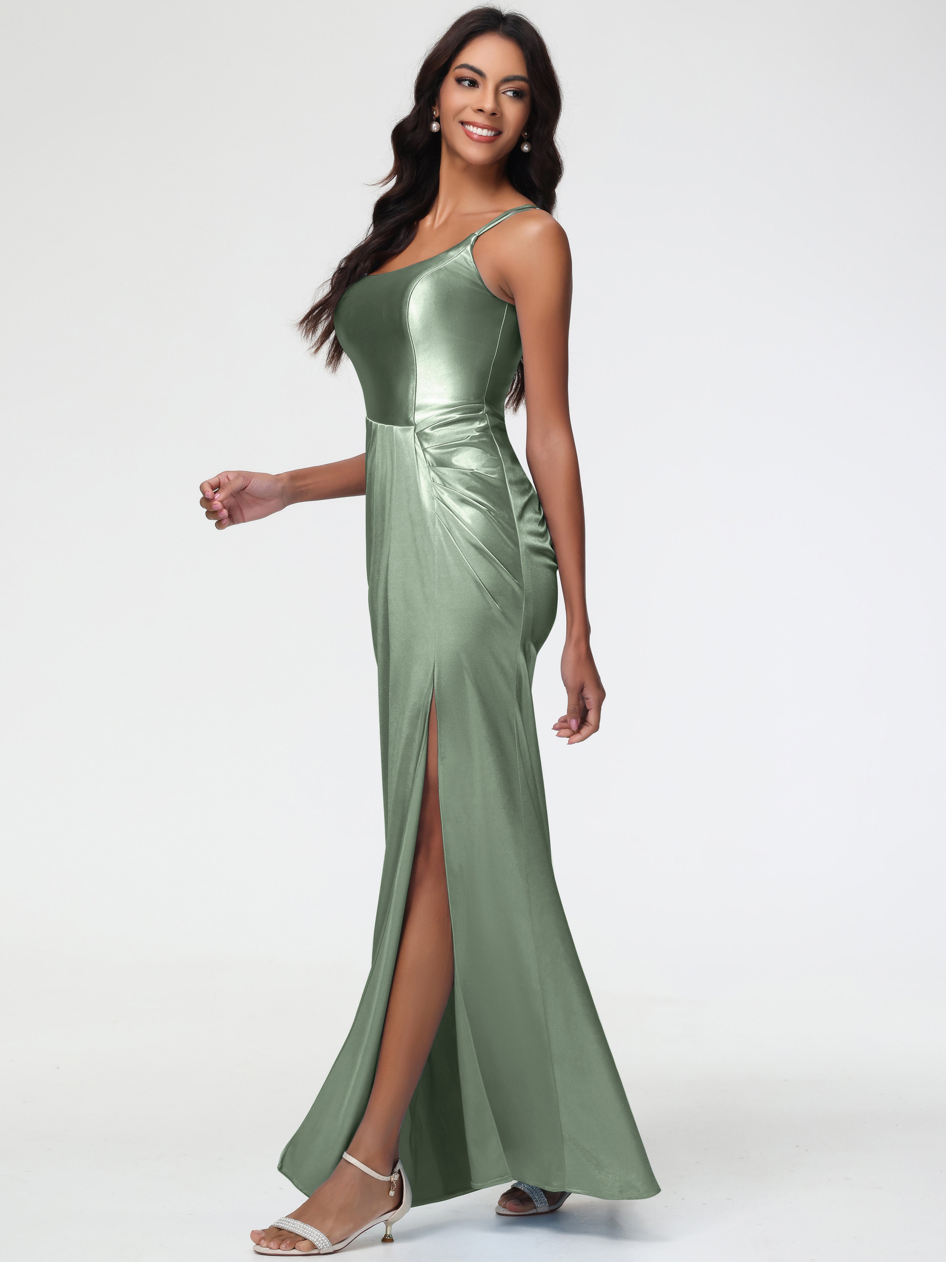Demoiselles D'Honneur De Sauge Poussiéreuse Col Rond Fendue Colonne Satin Extensible Robe De Demoiselle D'Honneur
