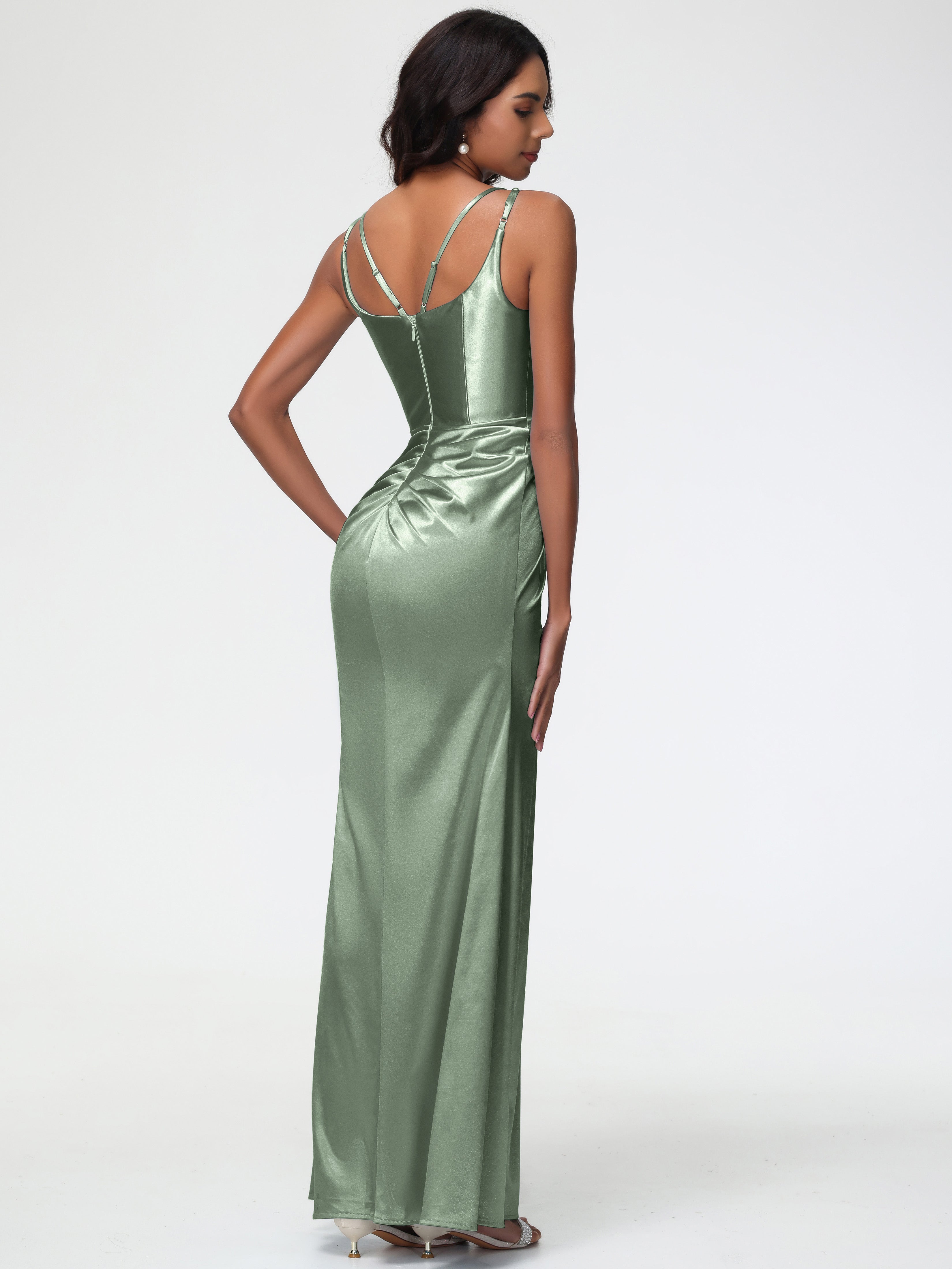 Demoiselles D'Honneur De Sauge Poussiéreuse Col Rond Fendue Colonne Satin Extensible Robe De Demoiselle D'Honneur