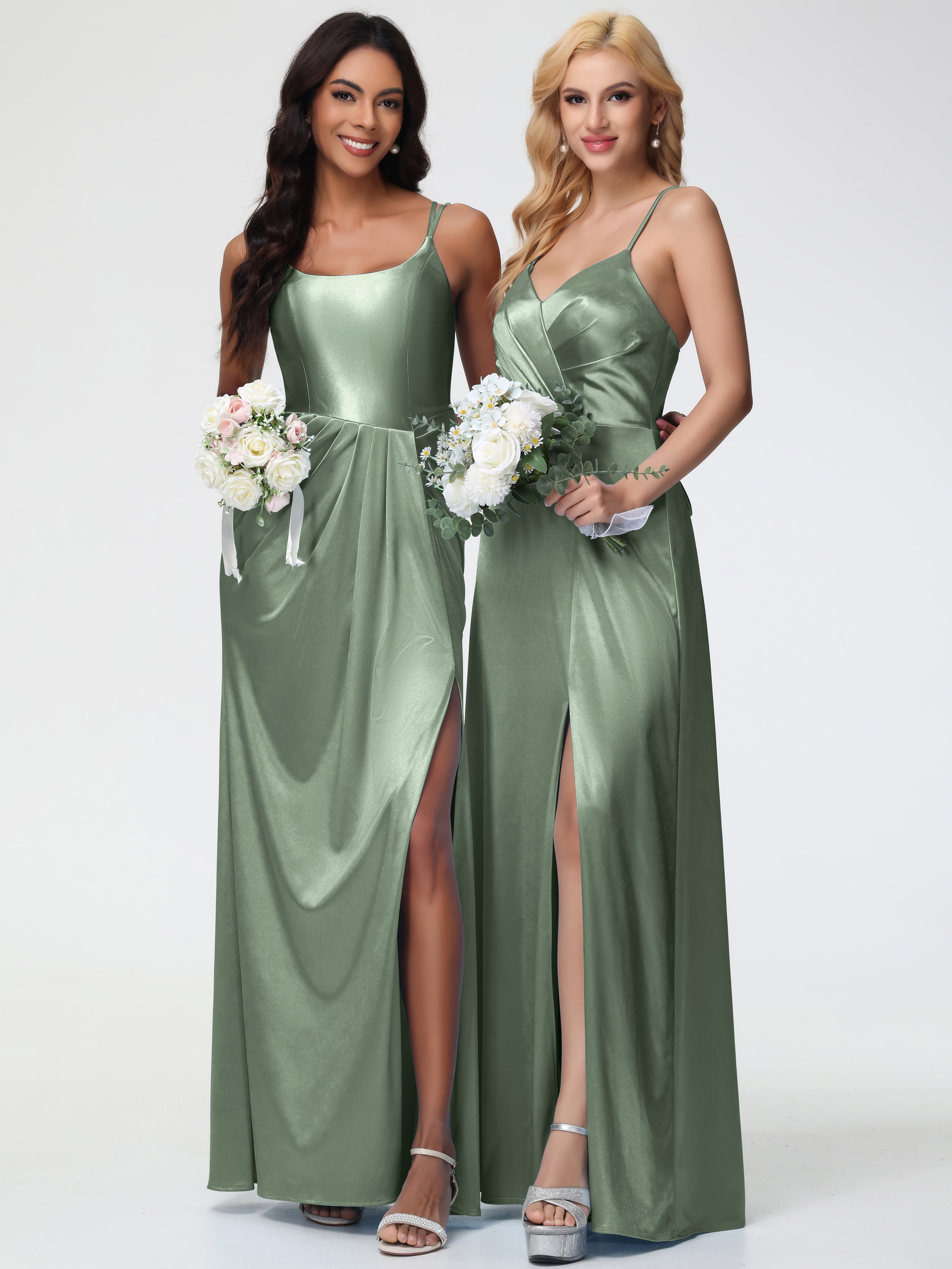 Demoiselles D'Honneur De Sauge Poussiéreuse Col Rond Fendue Colonne Satin Extensible Robe De Demoiselle D'Honneur