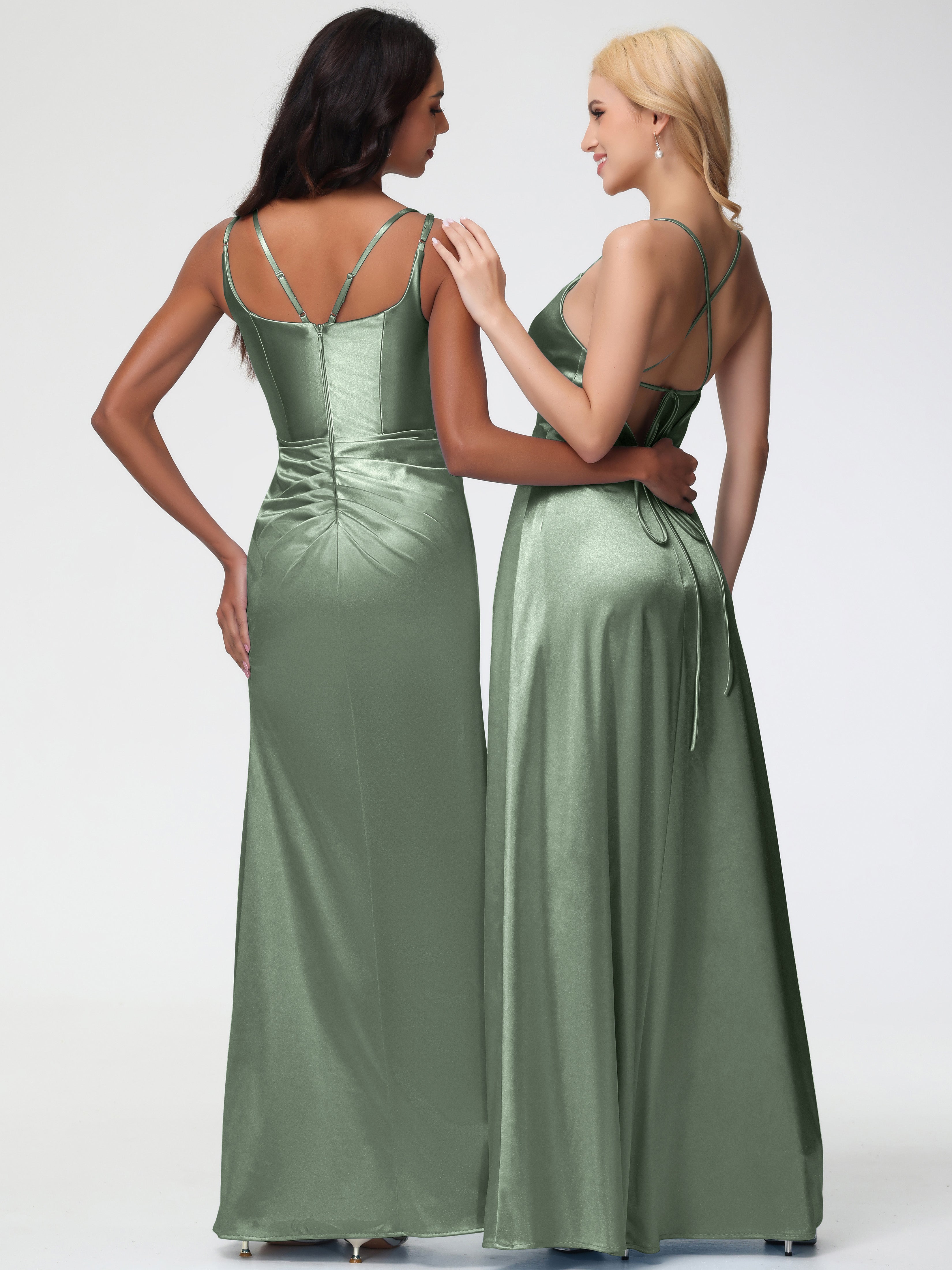 Demoiselles D'Honneur De Sauge Poussiéreuse Col Rond Fendue Colonne Satin Extensible Robe De Demoiselle D'Honneur