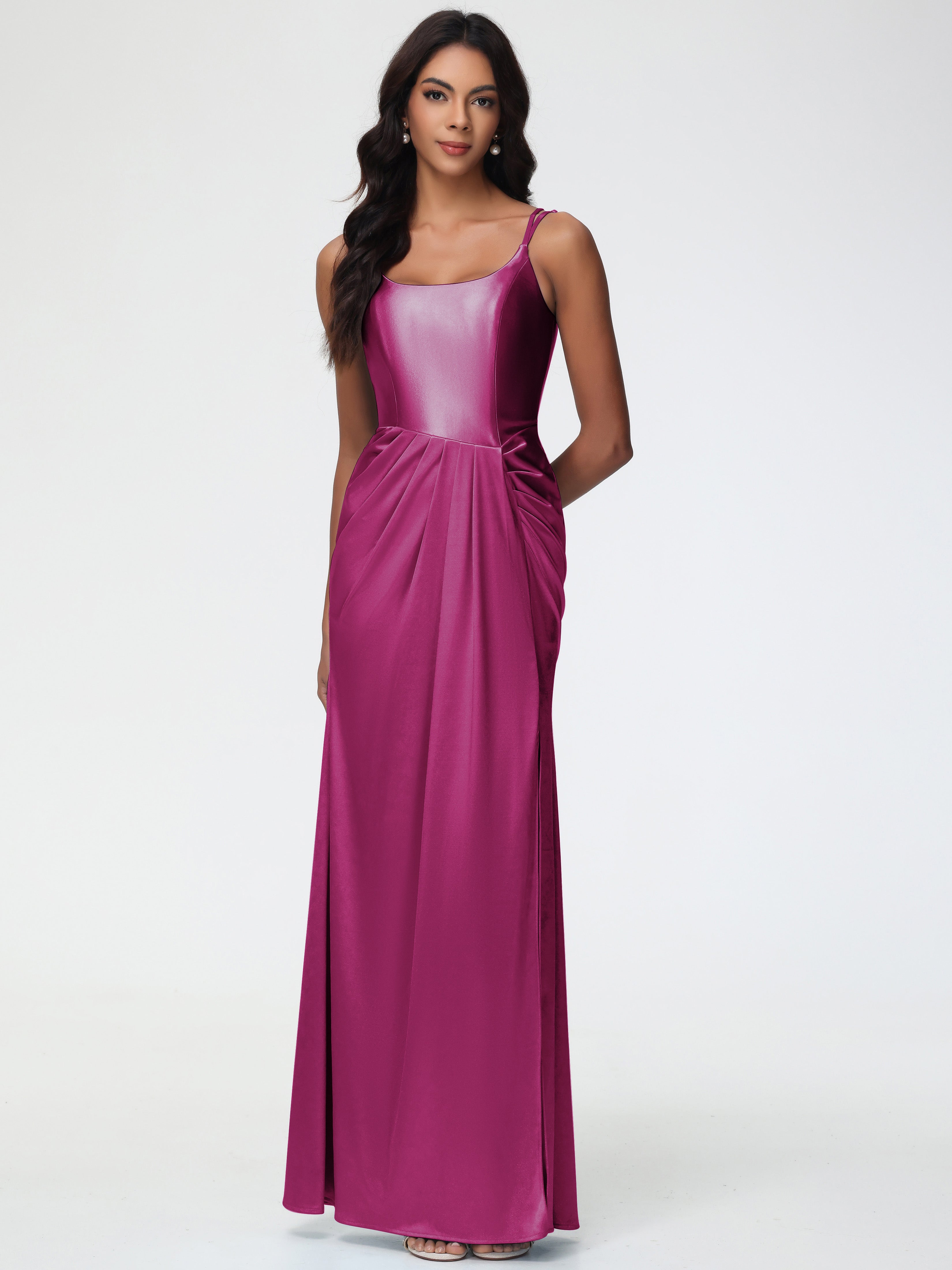 Robe Demoiselle D Honneur Fuchsia Col Rond Fendue Fourreau/Colonne Satin Extensible Robe De Demoiselle D'Honneur