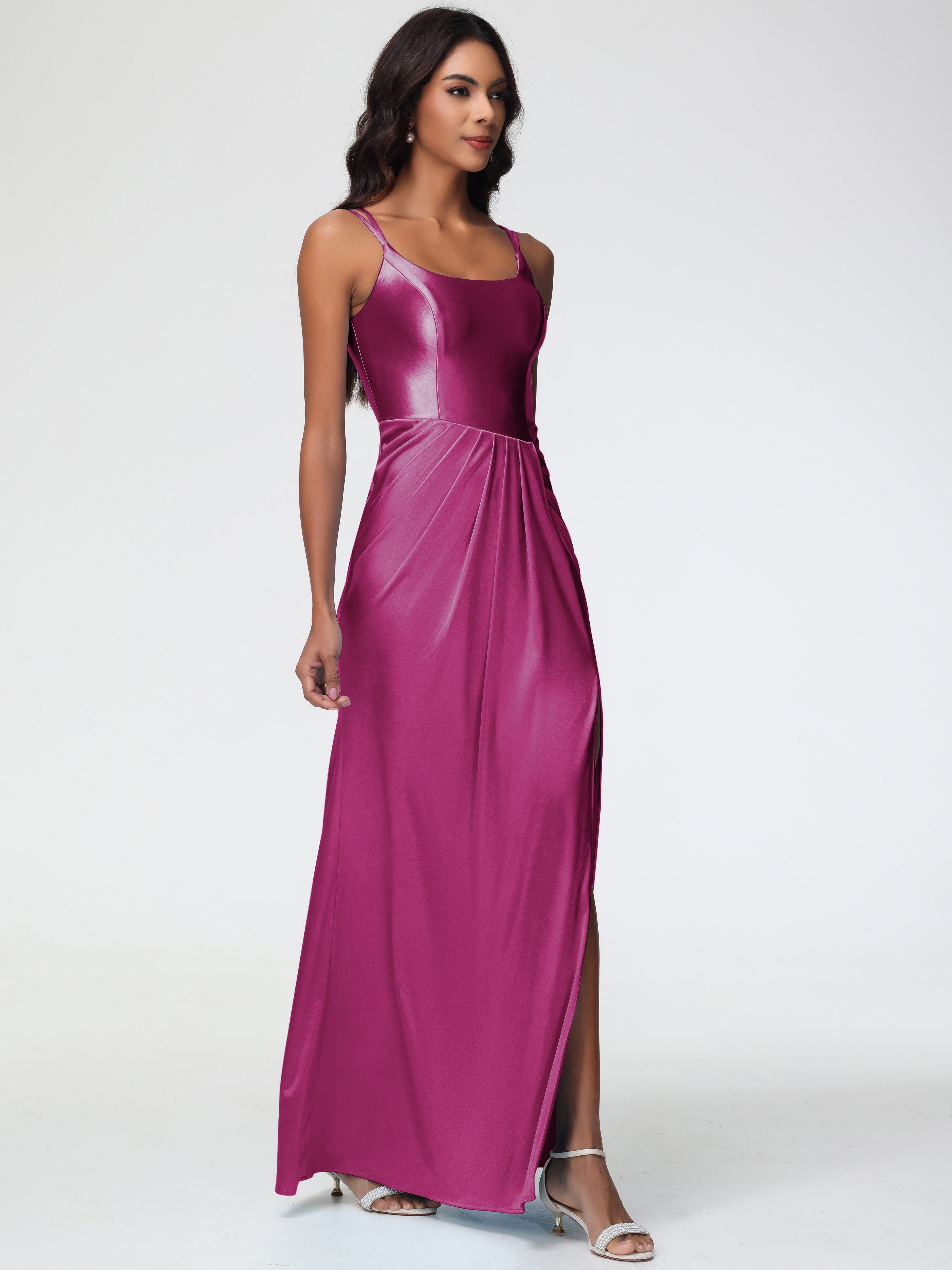 Robe Demoiselle D Honneur Fuchsia Col Rond Fendue Fourreau/Colonne Satin Extensible Robe De Demoiselle D'Honneur