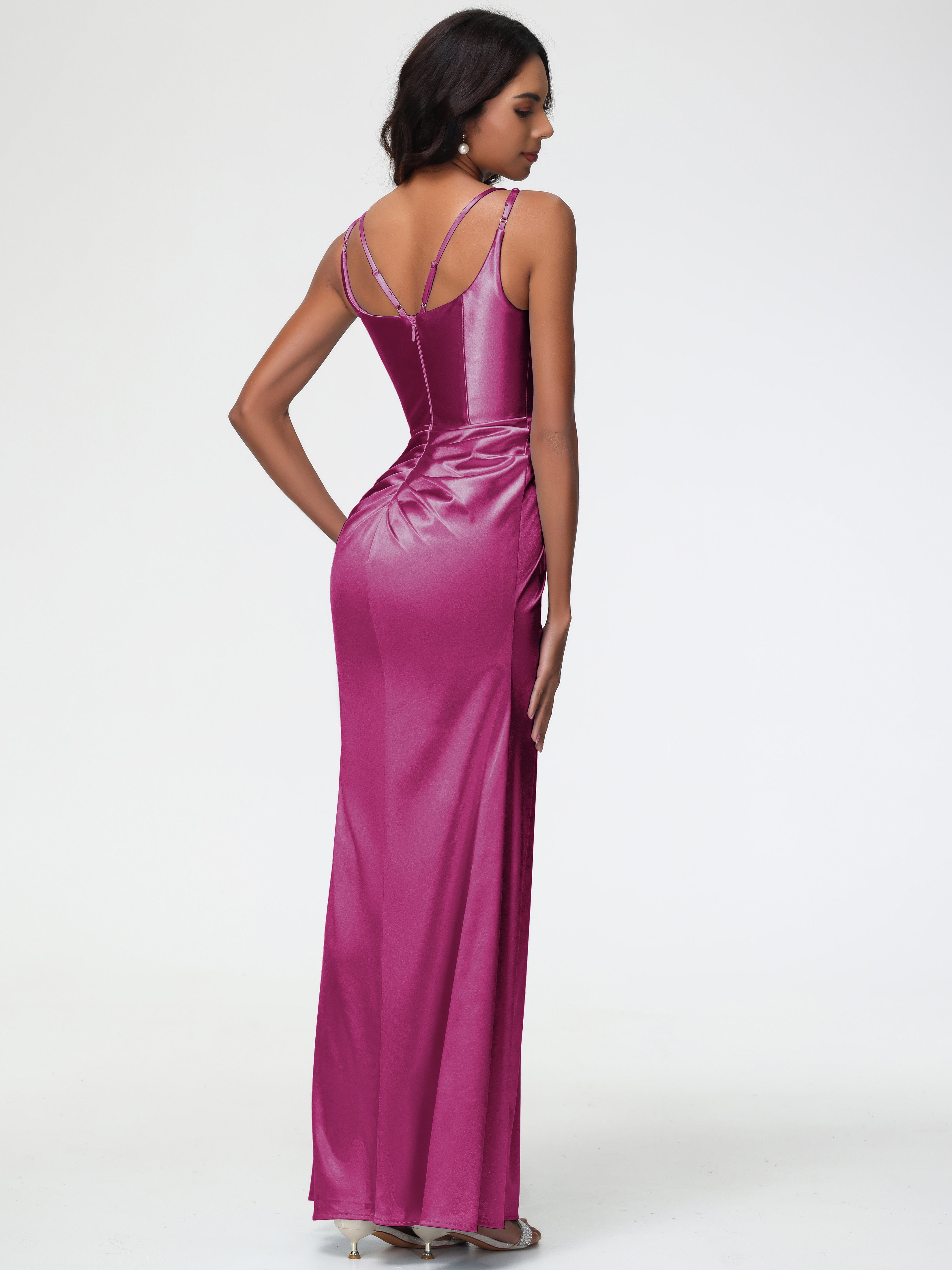 Robe Demoiselle D Honneur Fuchsia Col Rond Fendue Fourreau/Colonne Satin Extensible Robe De Demoiselle D'Honneur
