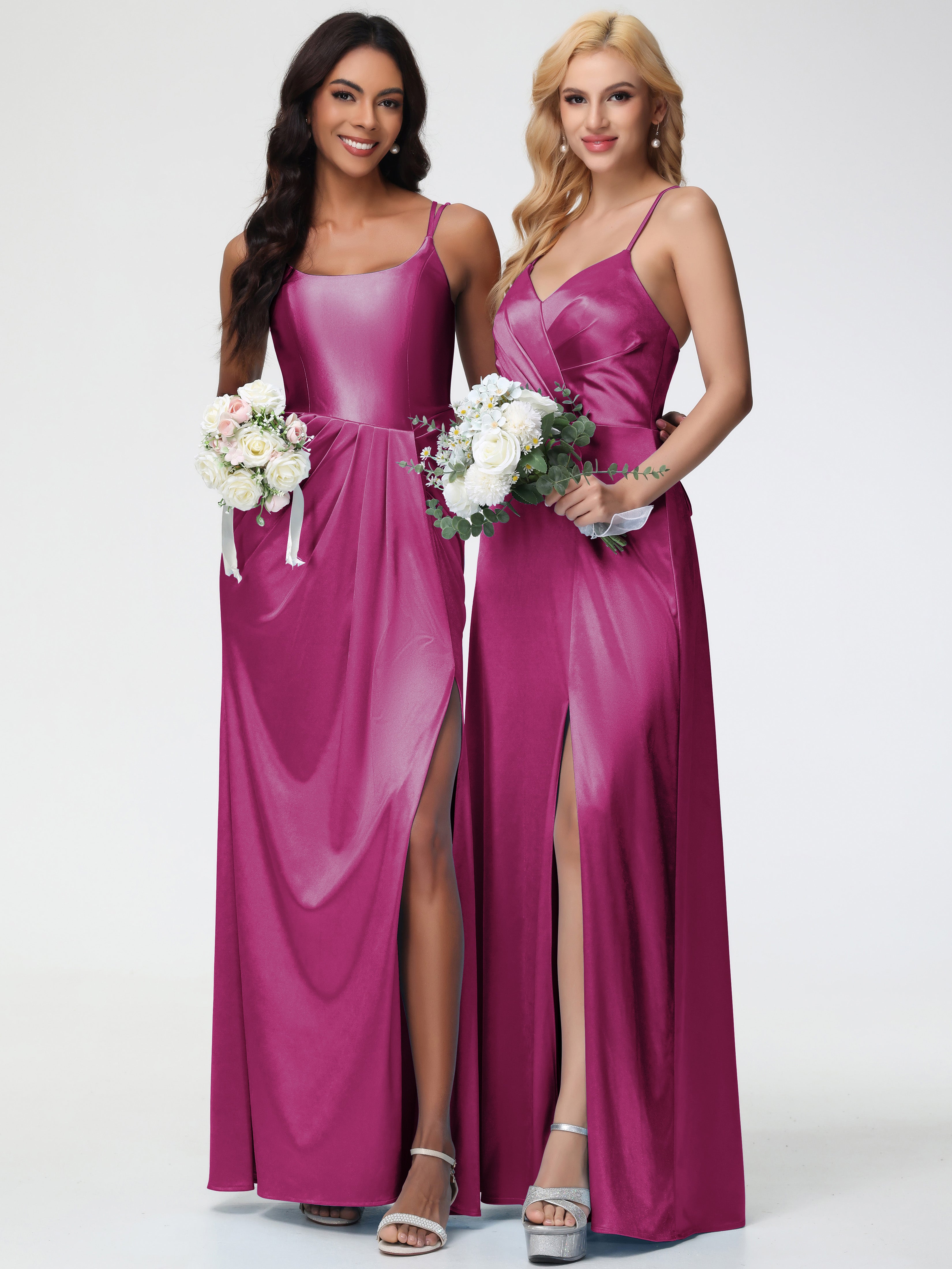 Robe Demoiselle D Honneur Fuchsia Col Rond Fendue Fourreau/Colonne Satin Extensible Robe De Demoiselle D'Honneur